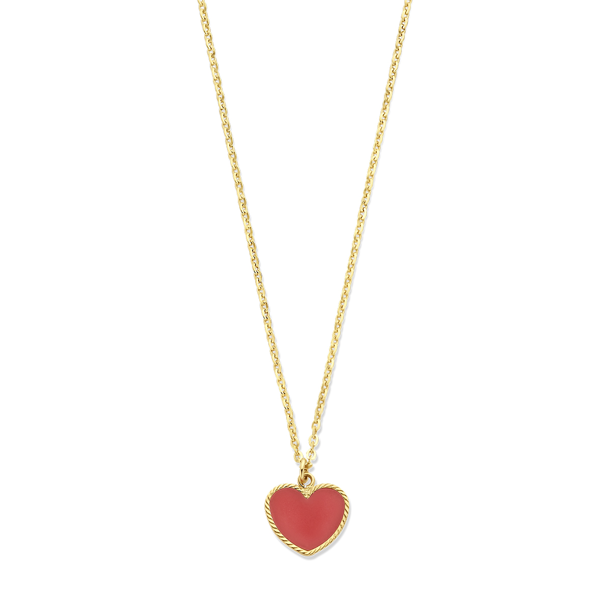 14k Geelgouden collier uitgevoerd met hart en rode pasta. Het collier heeft een schakelbreedte van 1.5mm en draaglengtes van 40-42cm. Uitgevoerd met karabijnsluiting.