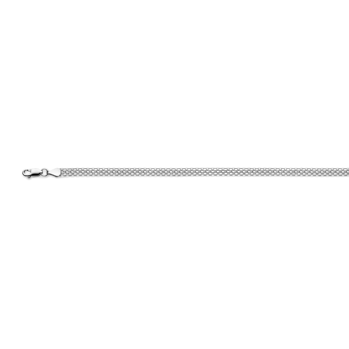 Gerhodineerd 925 zilveren lengteartikelen met dubbel gourmette schakel van 4.8mm. Uitgevoerd met een karabijnsluiting.