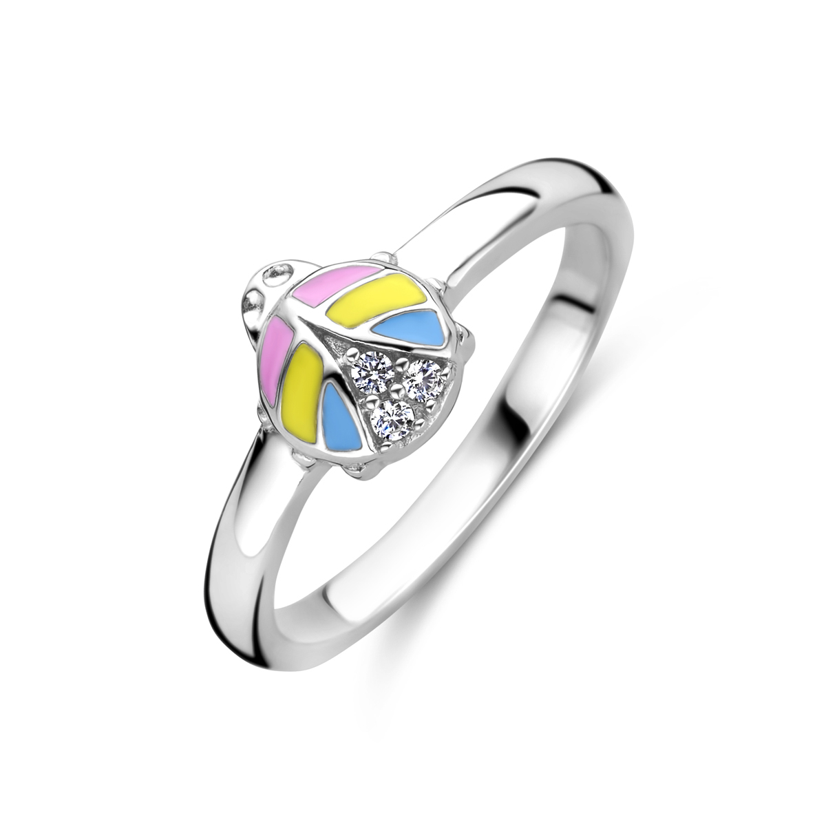 Gerhodineerd 925 zilveren ring uitgevoerd met lieveheersbeestje en zirkonia. De ring heeft een afmeting van 6.5x5.5mm.
