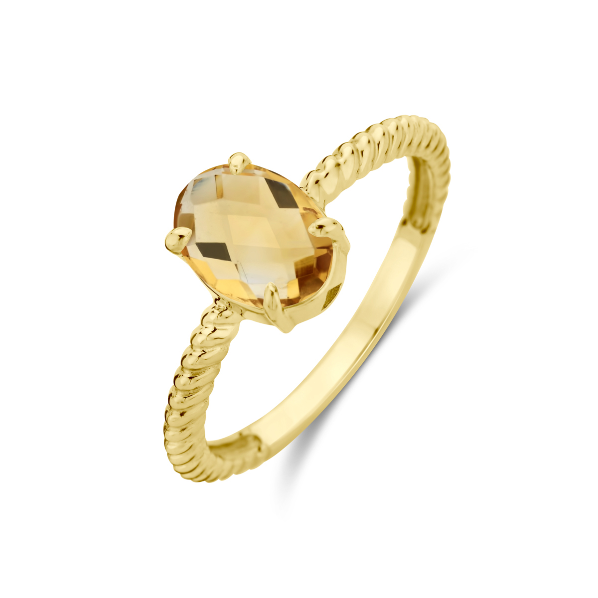14k Geelgouden ring uitgevoerd met citrien. De steen heeft een afmeting van 8x6mm.