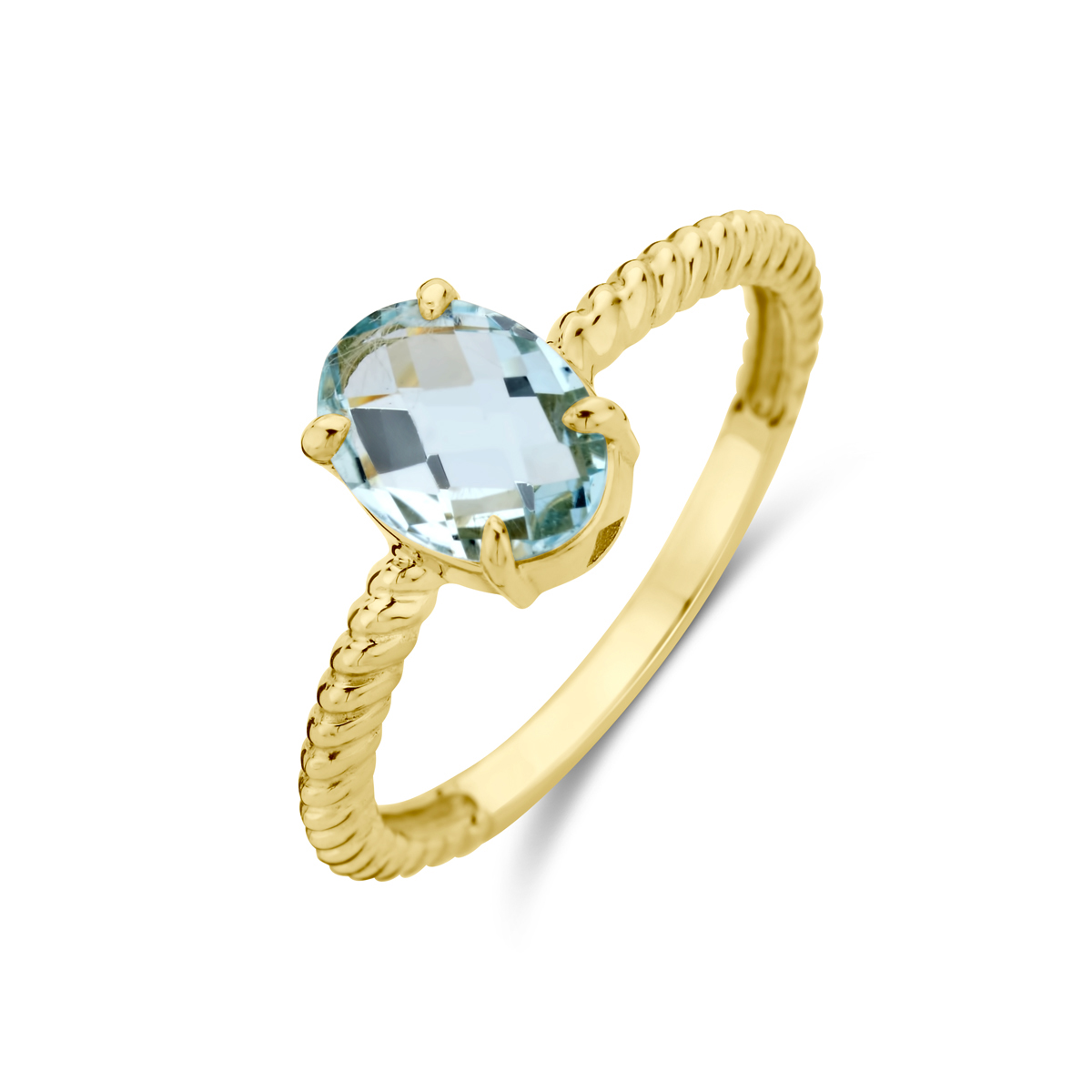 14k Geelgouden ring uitgevoerd met blauwe topaas. De steen heeft een afmeting van 8x6mm.