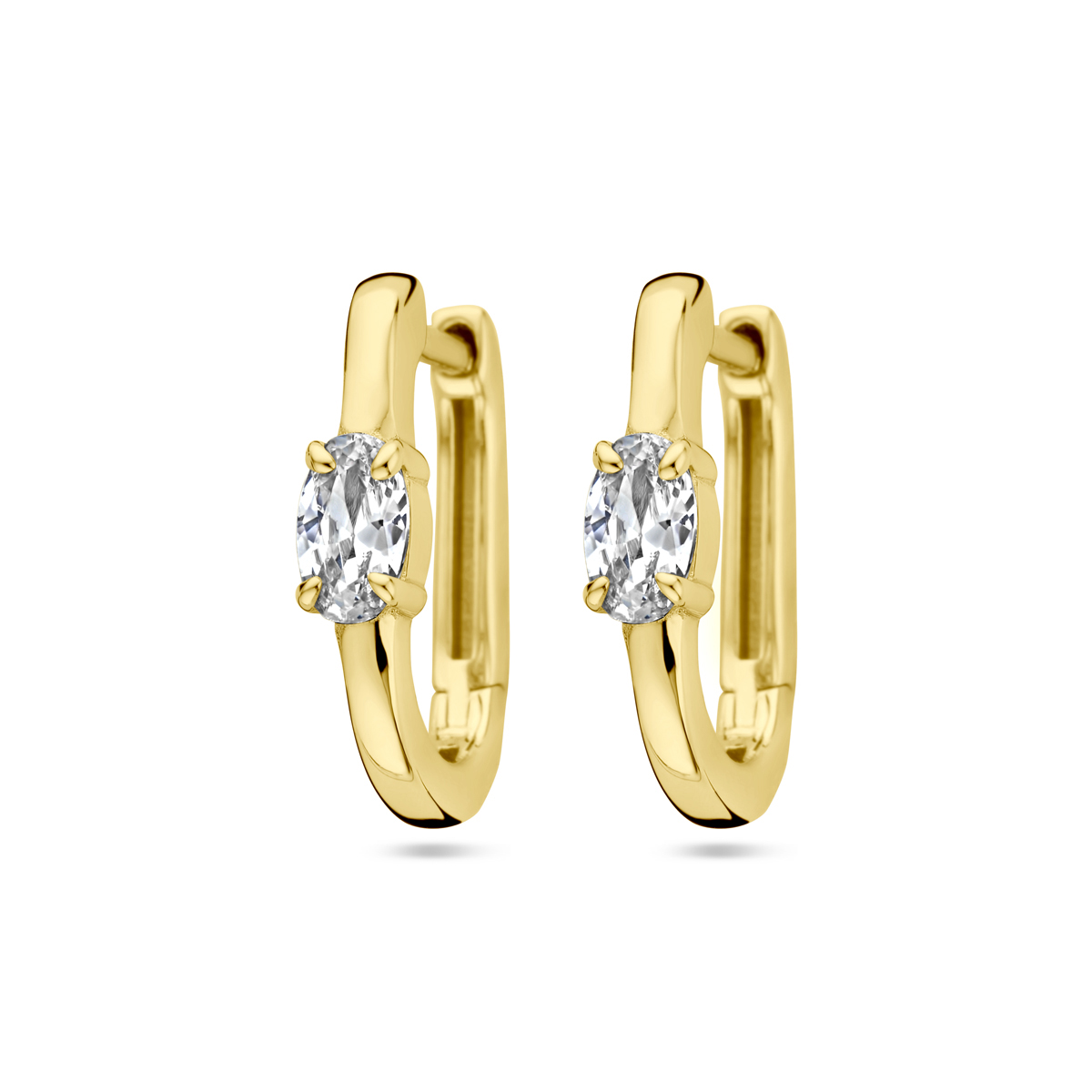 Geelgoud op 925 zilveren klapoorringen uitgevoerd met zirkonia. De klapoorringen hebben een afmeting van 14.5x3mm. Geen garantie op de plating.