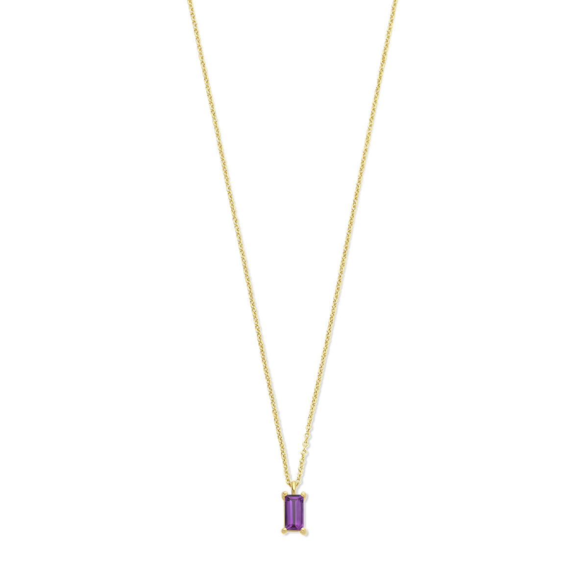 14k Geelgouden collier uitgevoerd met amethist. Het collier heeft draaglengtes van 41, 43 en 45cm. De schakelbreedte is 0.8mm. Uitgevoerd met een karabijn sluiting.