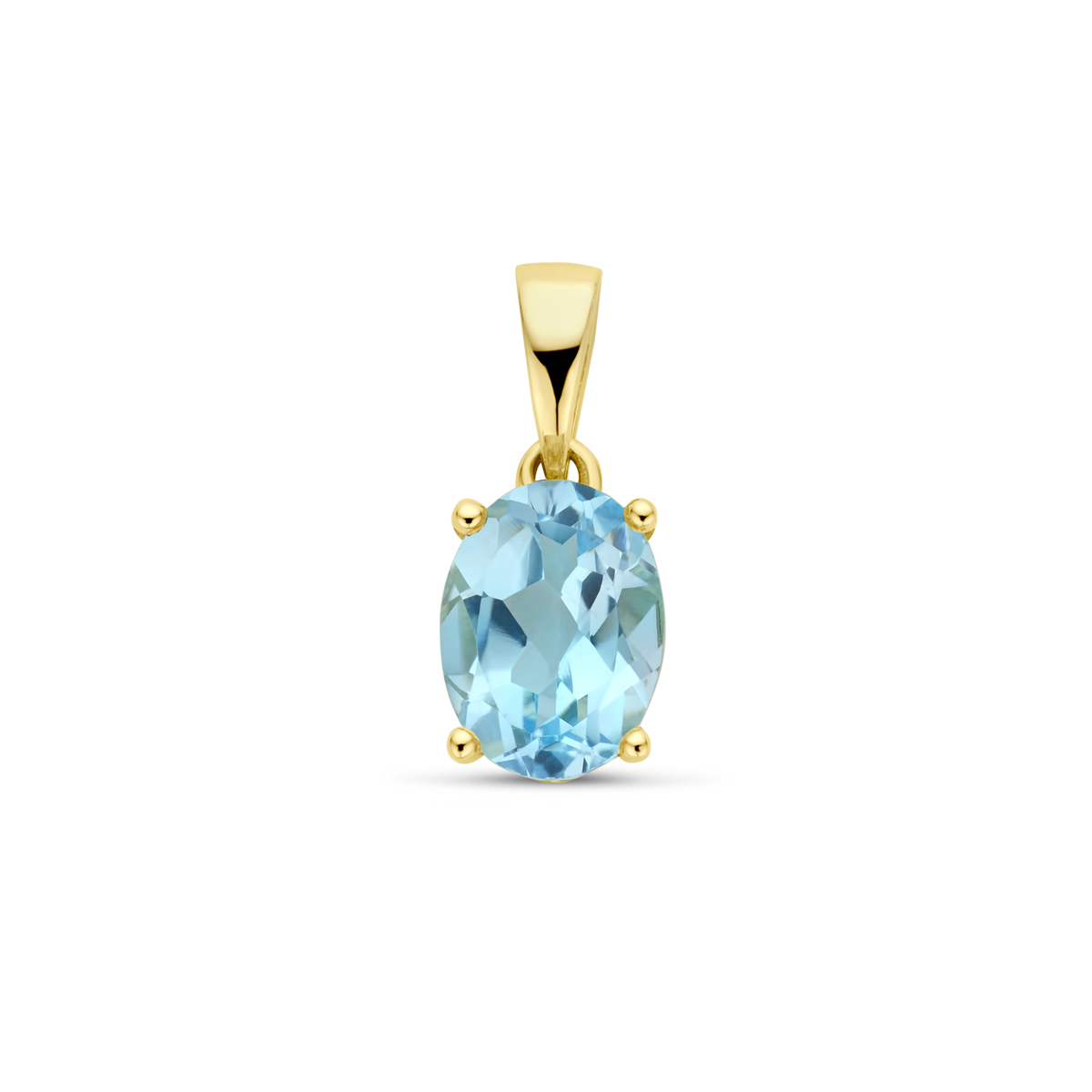 14k Geelgouden hanger uitgevoerd met blauw topaas 8x6mm. De hanger heeft een totale hoogte van 14mm.