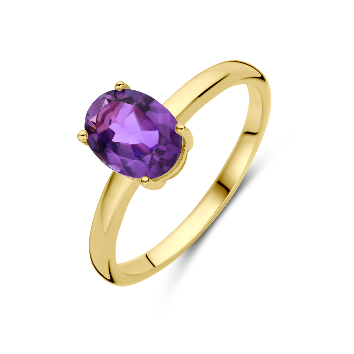 14k Geelgouden ring uitgevoerd met amethist. De steen heeft een afmeting van 8x6mm.