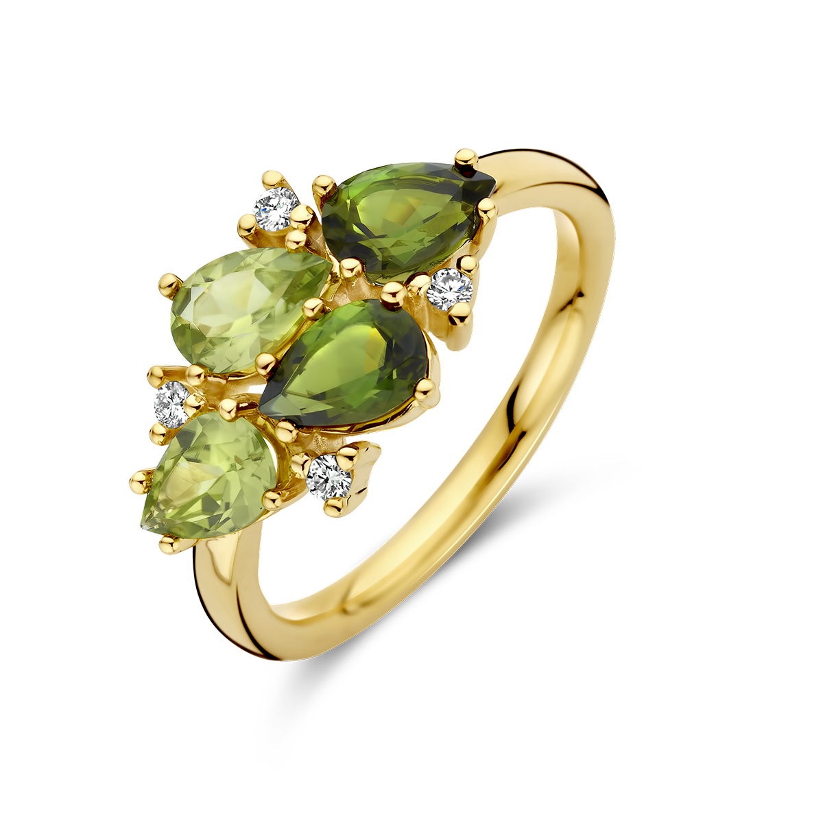 14k Geelgouden ring uitgevoerd met groen toermalijn, peridot en diamant. De ring heeft een breedte van 10.5mm.