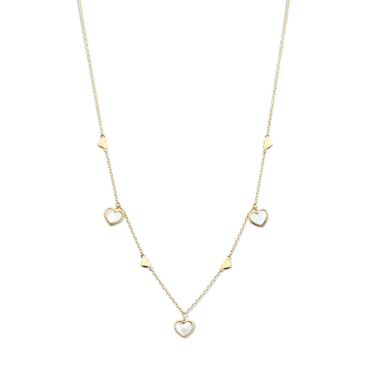 14k Geelgouden collier uitgevoerd met hartjes en parelmoer. Het collier heeft een draaglengte van 43cm en een extensie van 2cm. De hartjes hebben afmetingen van 4x4mm en 7.5x8mm. De schakelbreedte is 1.3mm. Uitgevoerd met een karabijn sluiting.