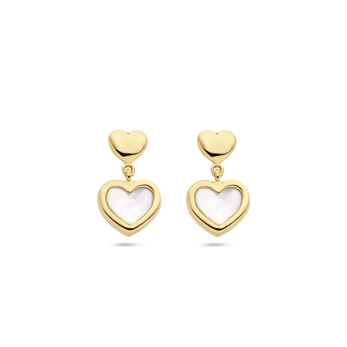 14k Geelgouden oorhangers uitgevoerd met een hartjes en parelmoer. De hartjes hebben afmetingen van 4x5mm en 7.5x8mm. De oorhangers hebben een totale hoogte van 14mm.