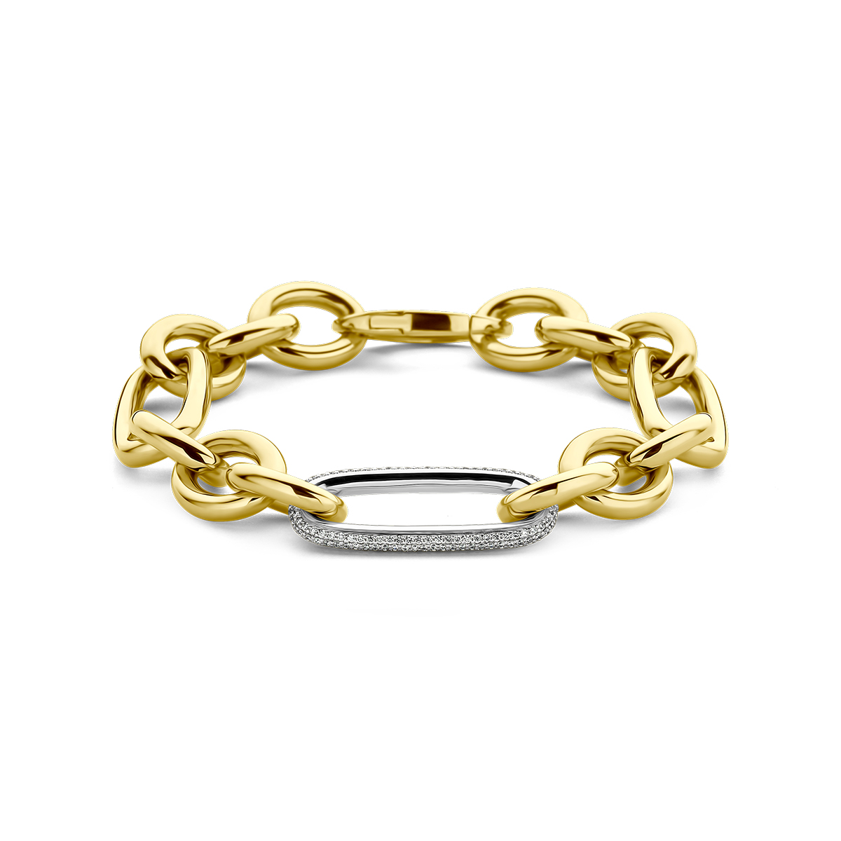 18k Bicolor geel- en witgouden armband uitgevoerd met diamanten. De armband heeft een draaglengte van 21cm en een schakelbreedte van 12mm. Uitgevoerd met een karabijn sluiting. 