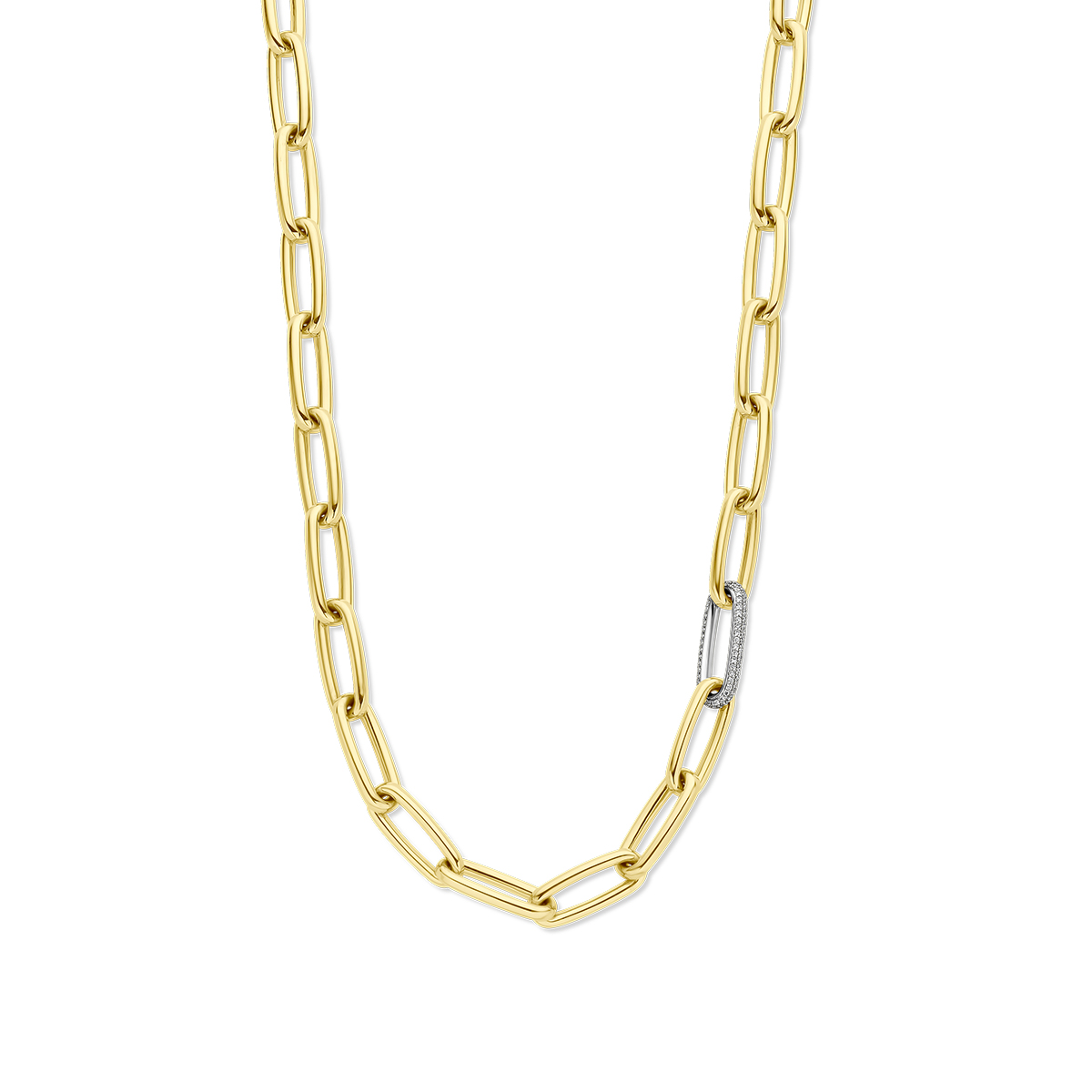 18k Bicolor geel- en witgouden paperclip collier uitgevoerd met diamanten. Het collier heeft een draaglengte van 50cm en een schakelbreedte van 7.4mm. Uitgevoerd met een karabijn sluiting. 