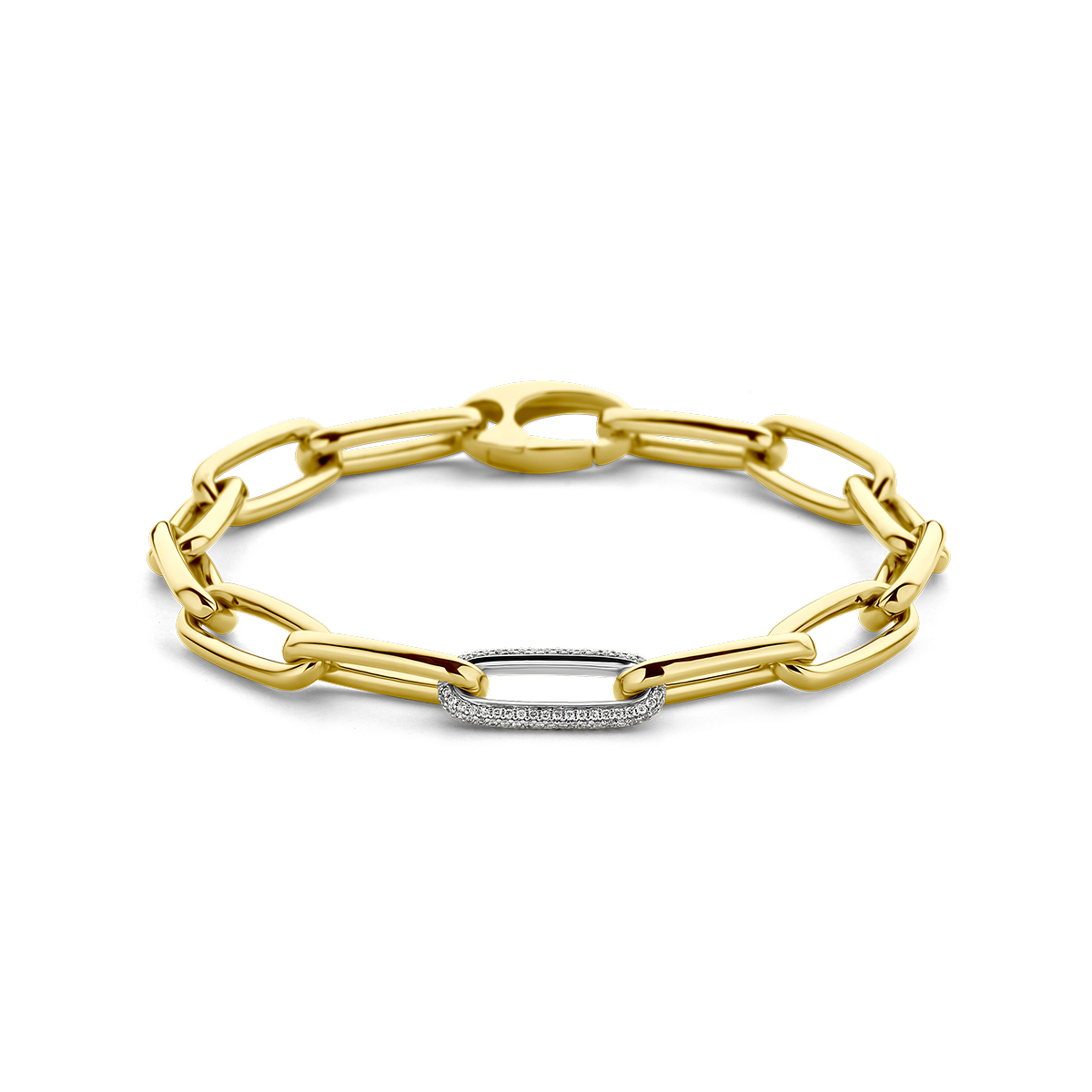 18k Bicolor geel- en witgouden paperclip armband uitgevoerd met diamanten. De armband heeft een draaglengte van 19.5cm en een schakelbreedte van 7.4mm. Uitgevoerd met een karabijn sluiting. Dit artikel wordt op bestelling uitgeleverd. De levertijd is op dit moment half november.