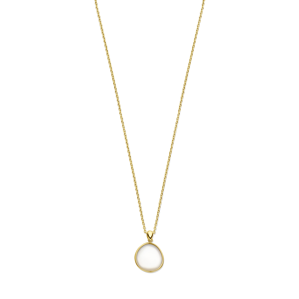 14k Geelgouden collier uitgevoerd met parelmoer en een karabijn sluiting. Het collier heeft draaglengtes van 41, 43 en 45cm. De schakelbreedte is