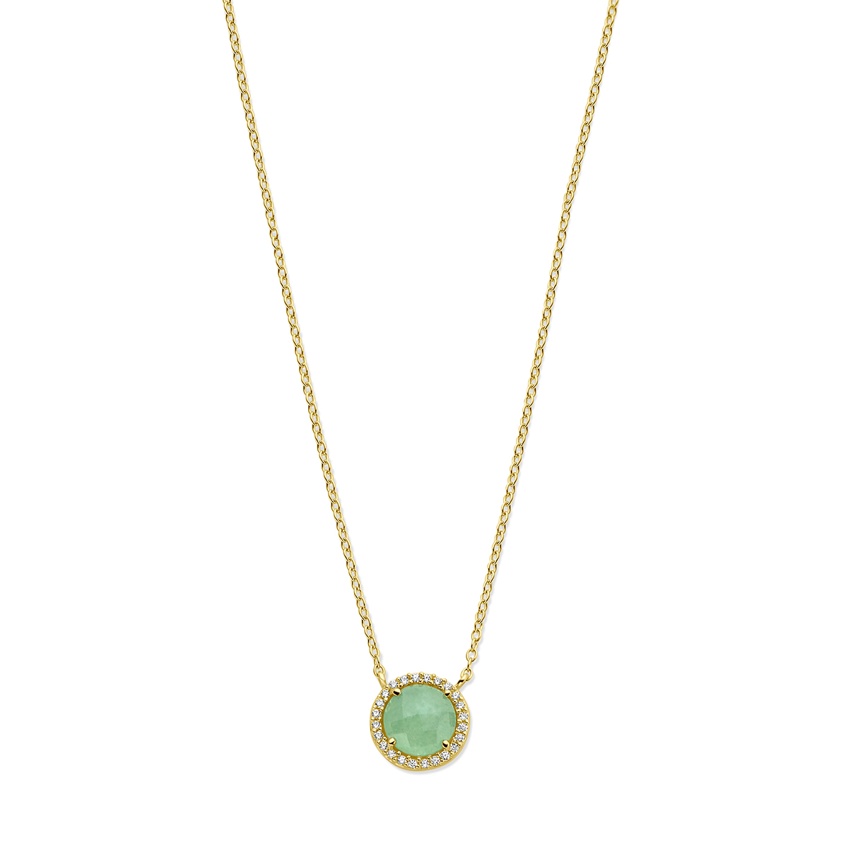 14k Geelgouden collier uitgevoerd met groen agaat en zirkonia. Het collier heeft draaglengtes van 43 en 45cm. De hanger heeft een diameter van 11.5mm. De schakelbreedte is 1.3mm. Uitgevoerd met een karabijn sluiting.
