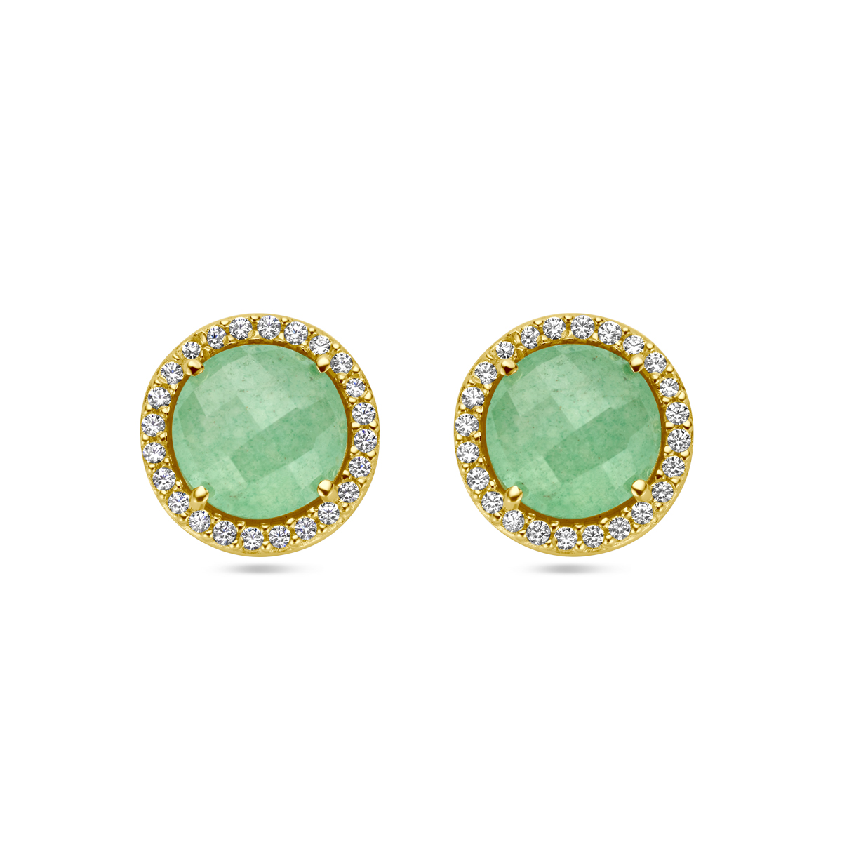14k Geelgouden oorknoppen uitgevoerd met groen agaat en zirkonia. De oorknoppen hebben een diameter van 11,5mm