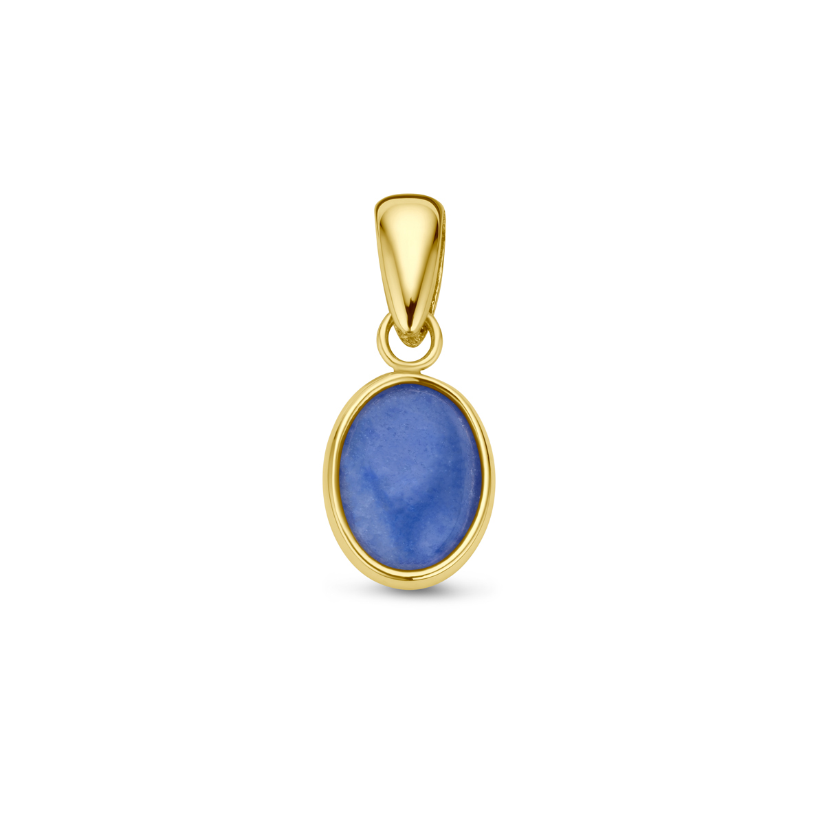 14k Geelgouden hanger uitgevoerd met blauw kwarts. De hanger heeft een totale hoogte van 16mm.