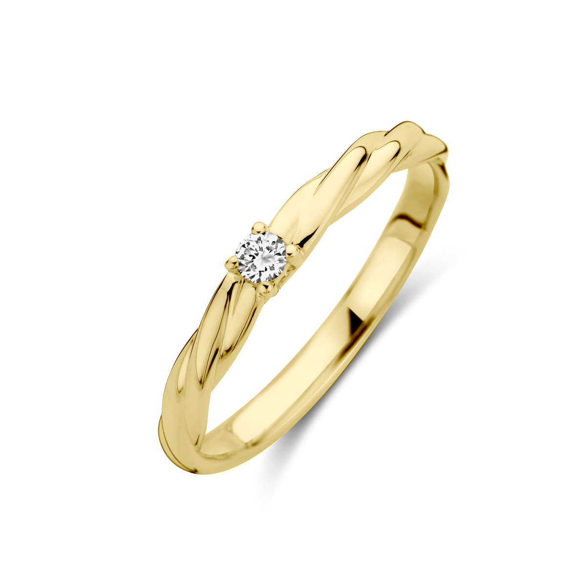 14k Geelgouden ring uitgevoerd met diamant. De ring heeft een breedte van 2.5mm.
