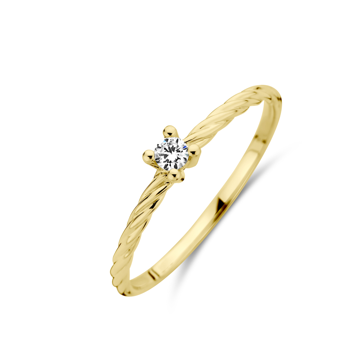 14k Geelgouden ring uitgevoerd met diamant. De ring heeft een breedte van 3.5mm.