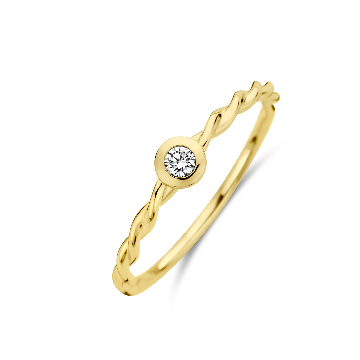 14k Geelgouden ring uitgevoerd met diamant. De ring heeft een breedte van 4mm.
