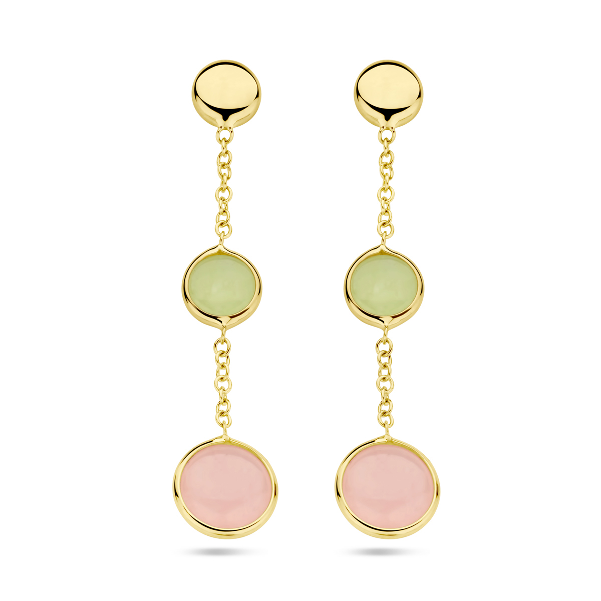 14k Geelgouden oorhangers uitgevoerd met licht groen en roze kwartsiet.De oorhangers hebben een totale hoogte van 43mm.
