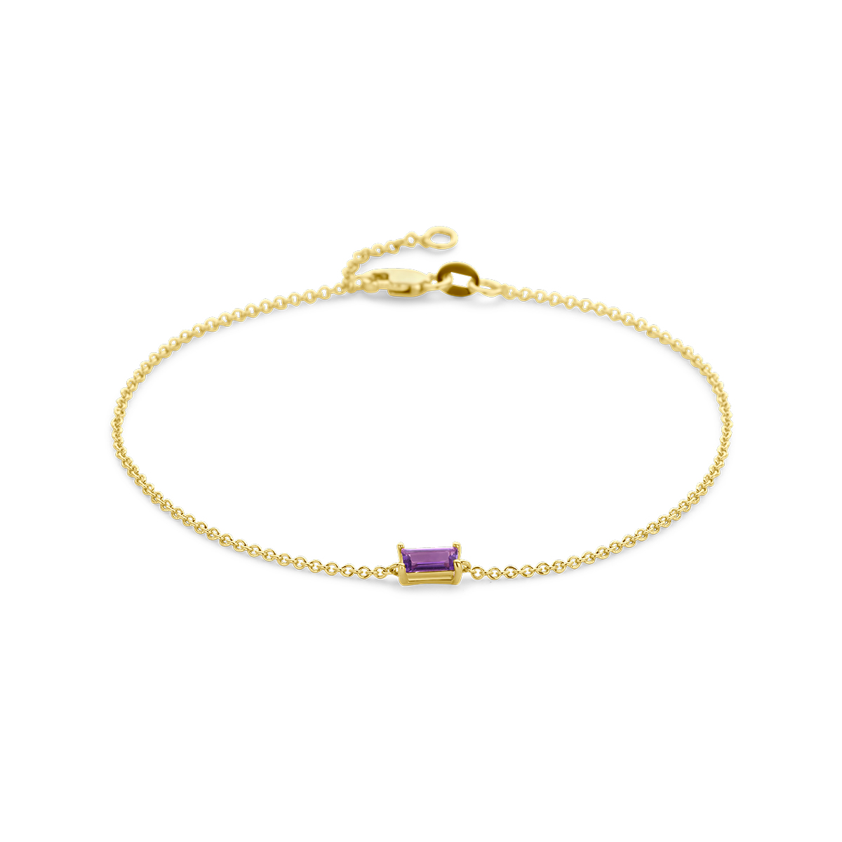 14k Geelgouden armband uitgevoerd met amethist. De armband heeft draaglengtes van 16,5 en 18cm. De schakelbreedte is 1.2mm. Uitgevoerd met een karabijn sluiting.