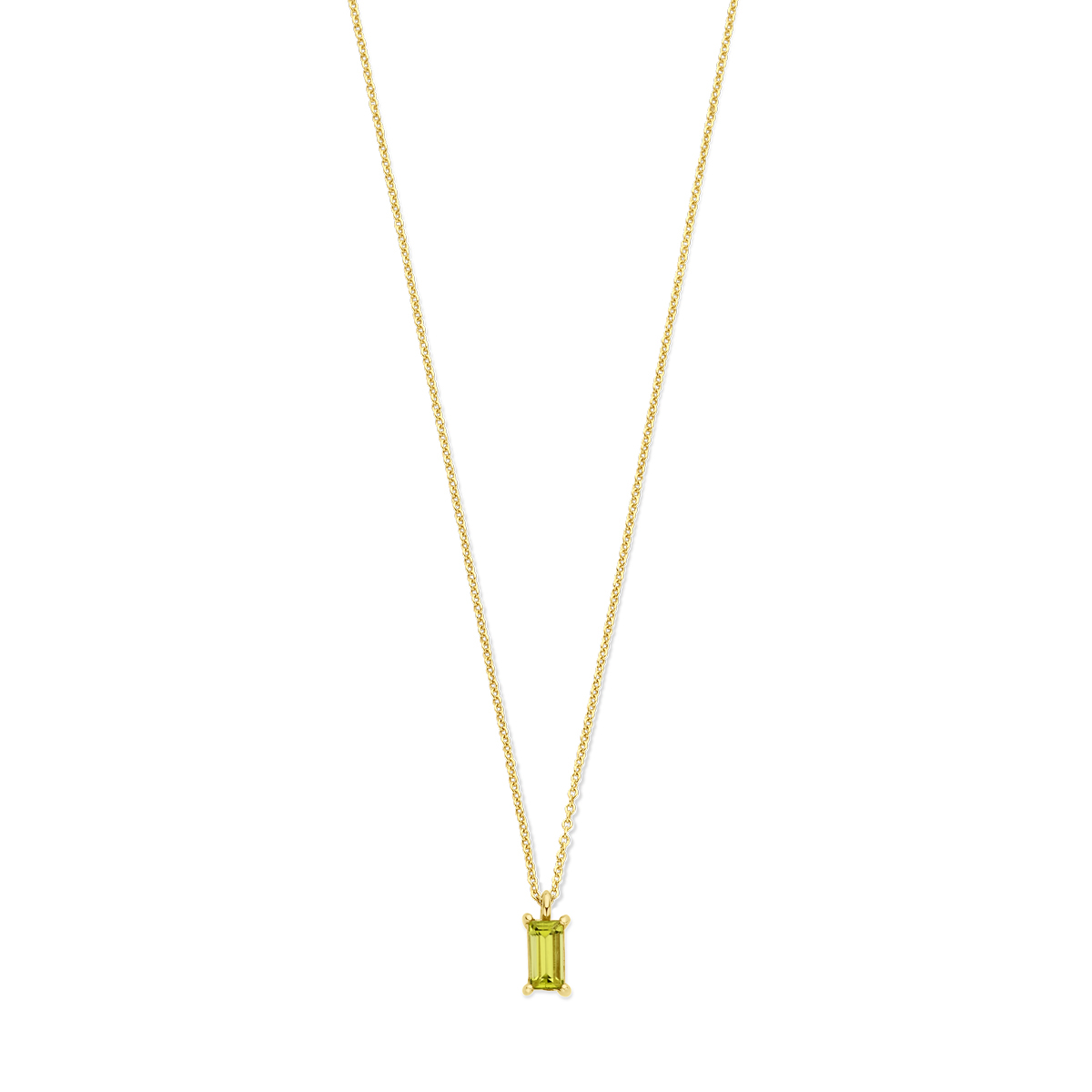 14k Geelgouden collier uitgevoerd met peridot. Het collier heeft draaglengtes van 41, 43 en 45cm. De schakelbreedte is 0.8mm. Uitgevoerd met een karabijn sluiting.