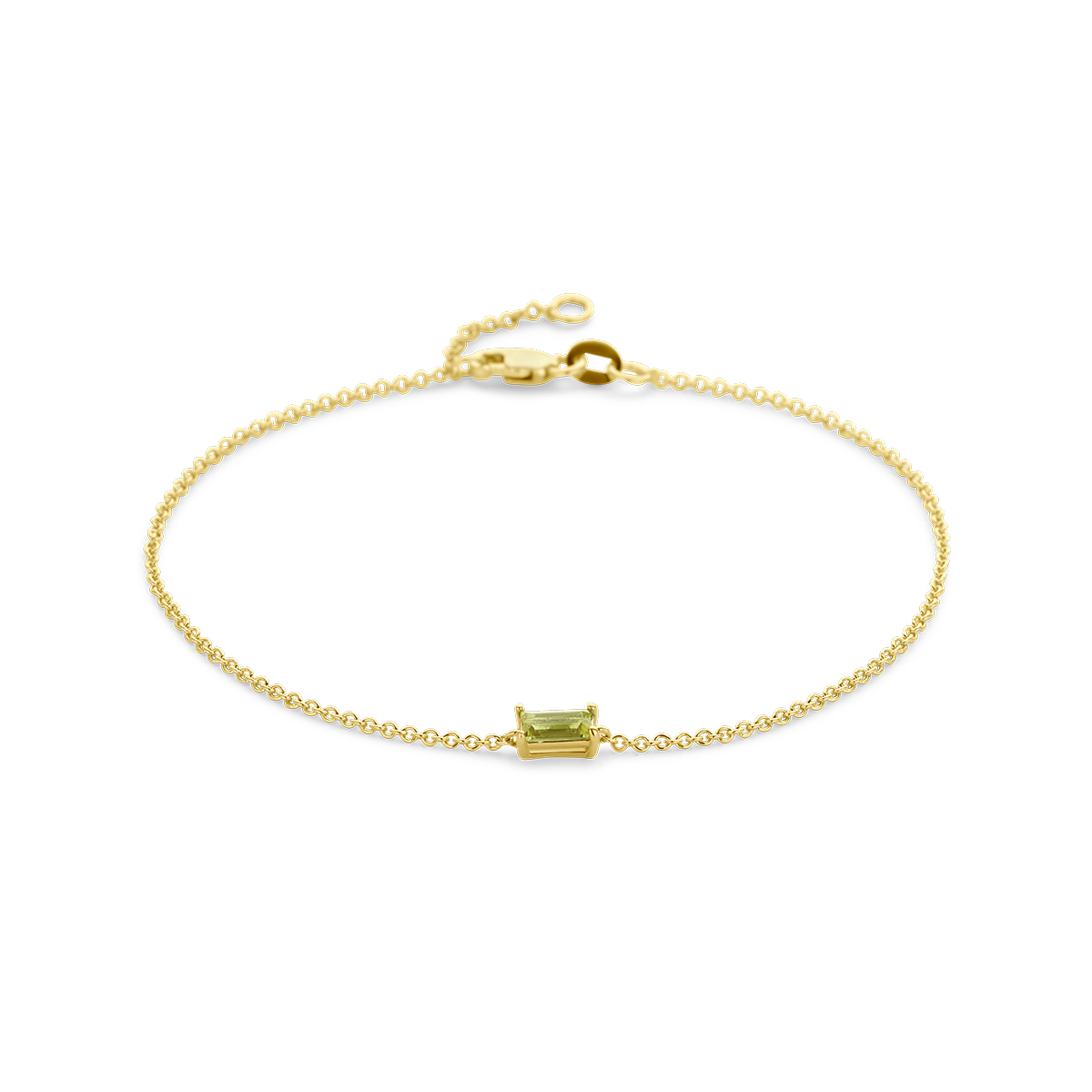 14k Geelgouden armband uitgevoerd met peridot. De armband heeft draaglengtes van 16,5 en 18cm. De schakelbreedte is 1.2mm. Uitgevoerd met een karabijn sluiting.