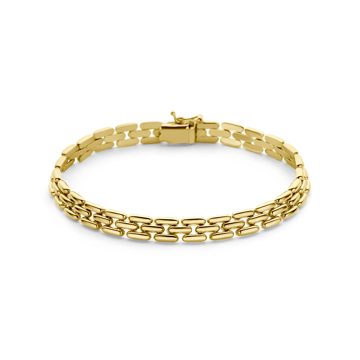 14k Geelgouden panter armband met een draaglengte van 20cm. De schakelbreedte is 6.5mm.