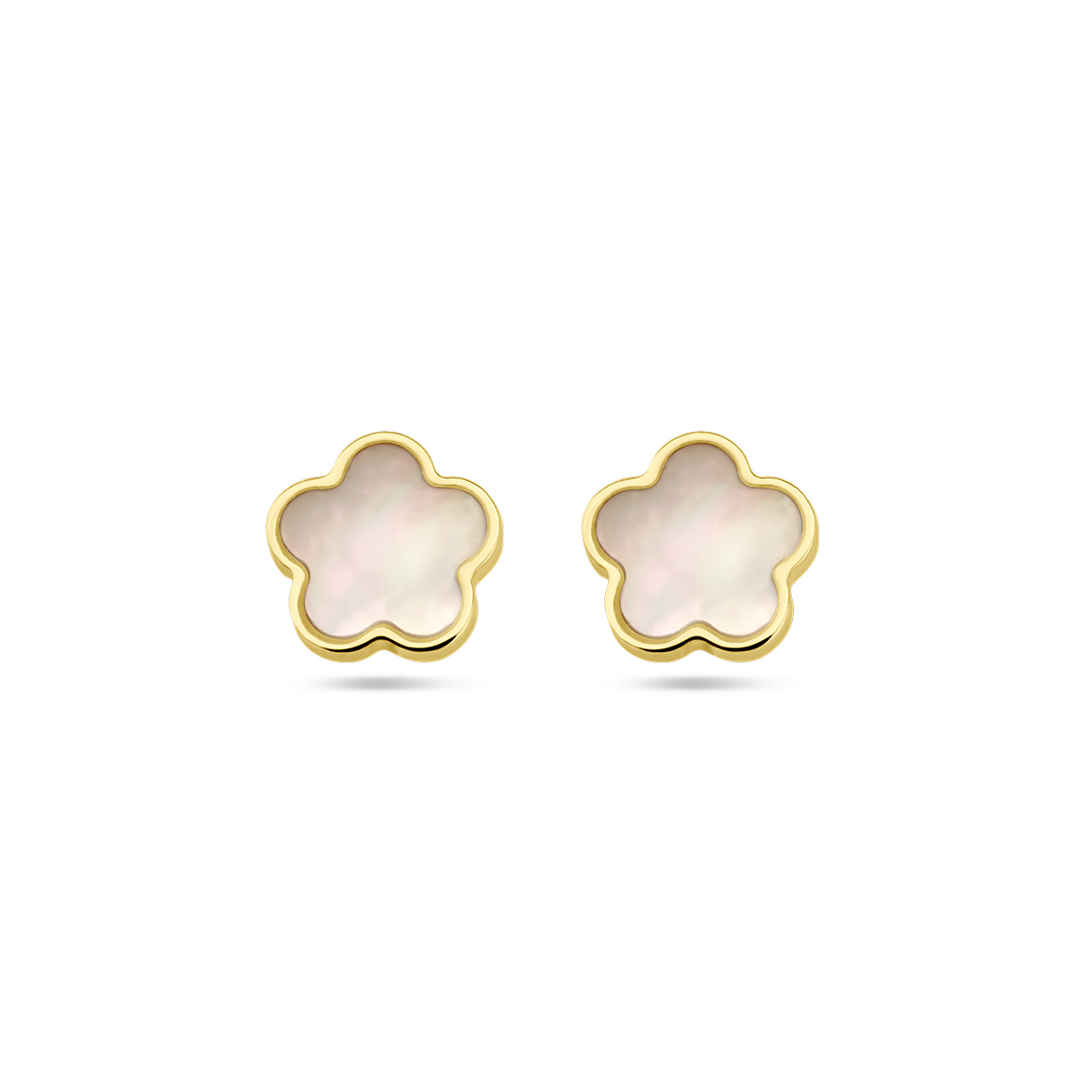 14k Geelgouden oorknoppen uitgevoerd in de vorm van een bloem met parelmoer. De oorknoppen hebben een afmeting van 6.0x6.0mm.