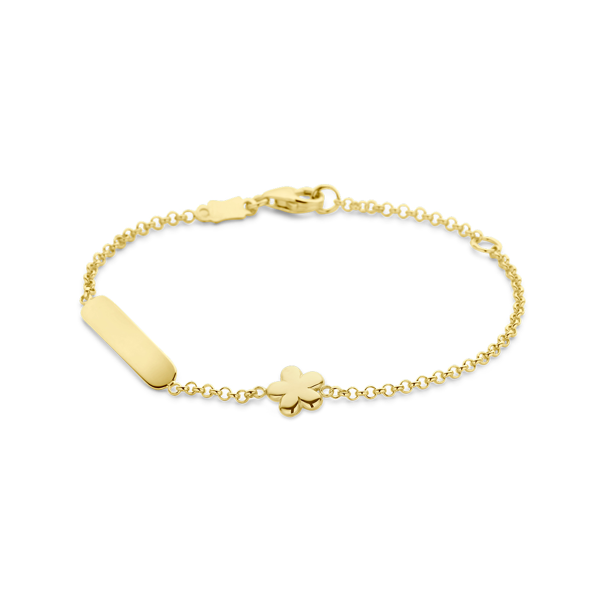 14krt geelgouden graveerarmband uitgevoerd met een bloem van 6x6mm en graveerplaat van 3.5x17mm. De armband heeft een jasseronschakel met een breedte van 1.5mm en is uitgevoerd met karabijnsluiting. De dikte van de plaat is 0.5mm.