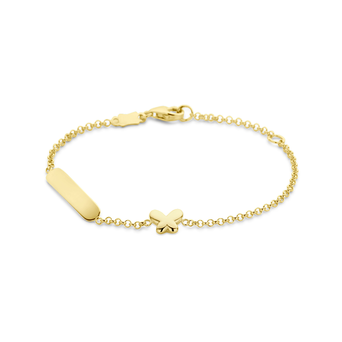 14k Geelgouden graveerarmband uitgevoerd met een vlinder van 5x6mm en graveerplaat van 3.5x17mm. De armband heeft een schakelbreedte van 1.5mm en is uitgevoerd met karabijnsluiting. De dikte van de plaat is 0.5mm.