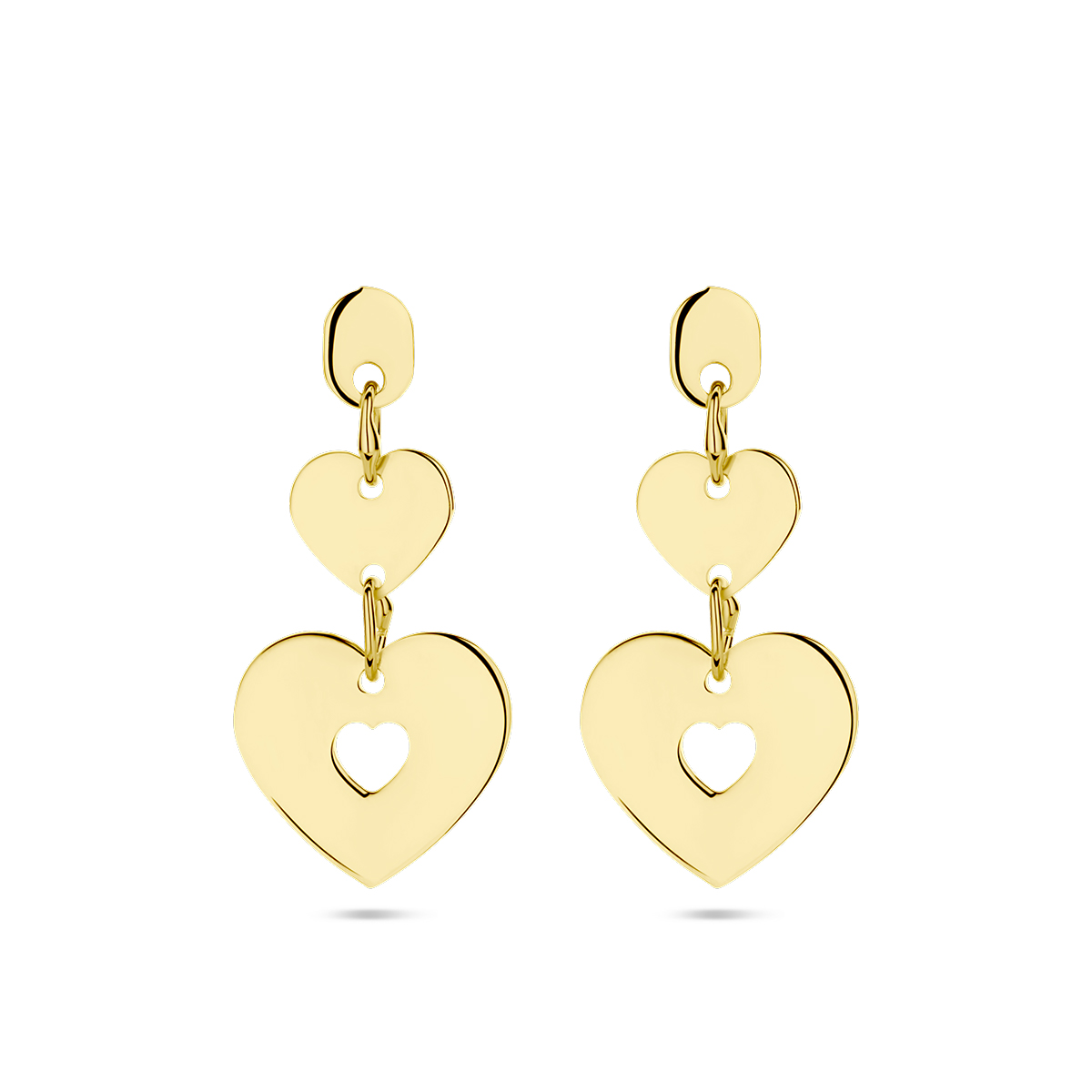 14k Geelgouden oorhangers met een totale hoogte van 20mm. Uitgevoerd met 2 hartjes van 5x5.5mm en 8.5x9mm.