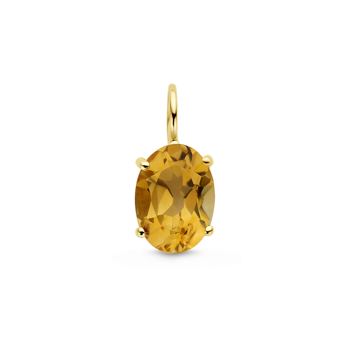 14k Geelgouden hanger uitgevoerd met citrien. De hanger heeft een afmeting van 11.5x5.0mm.