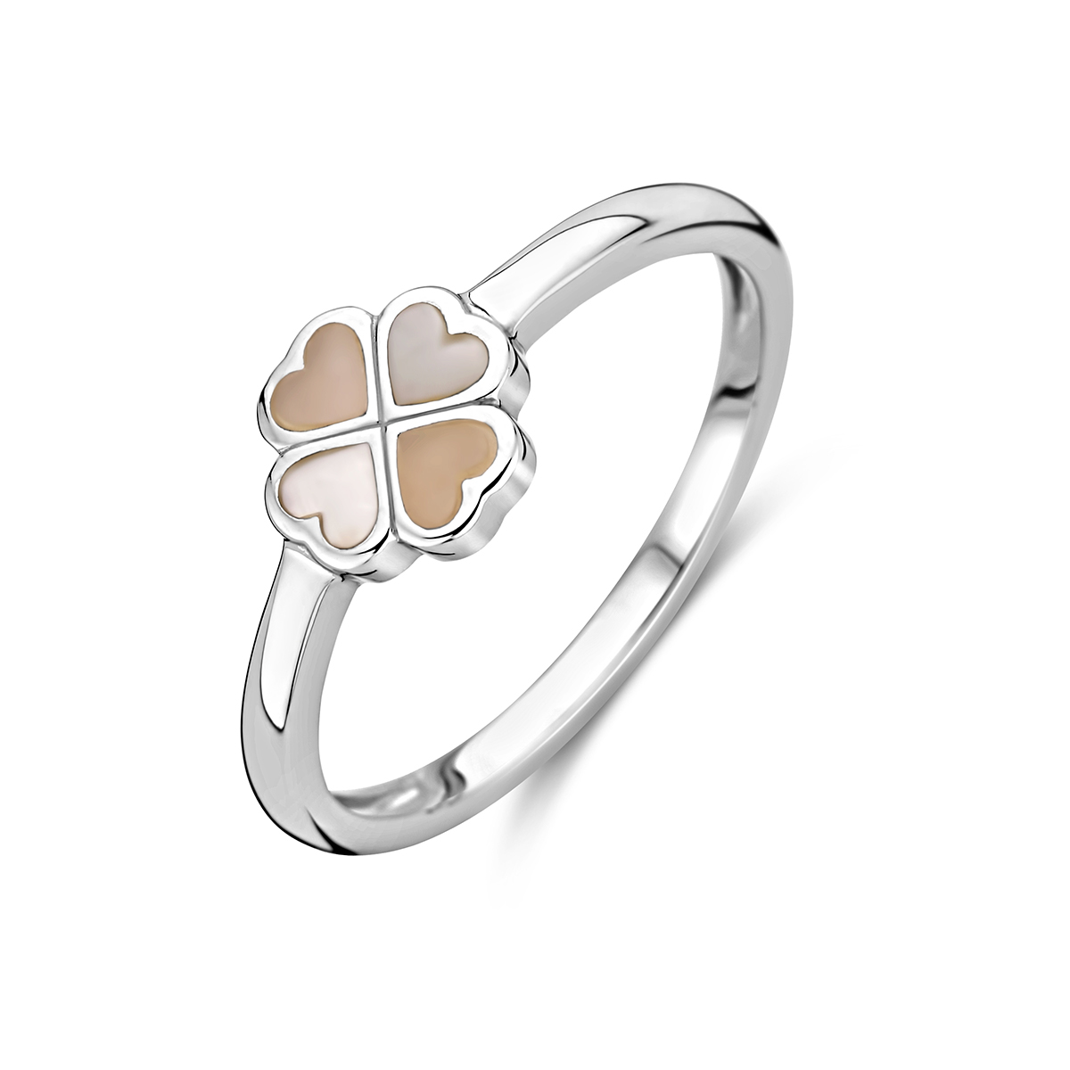 Gerhodineerd 925 zilveren ring uitgevoerd met een bloem in roze en wit parelmoer. De ring heeft een breedte van 7.5mm.