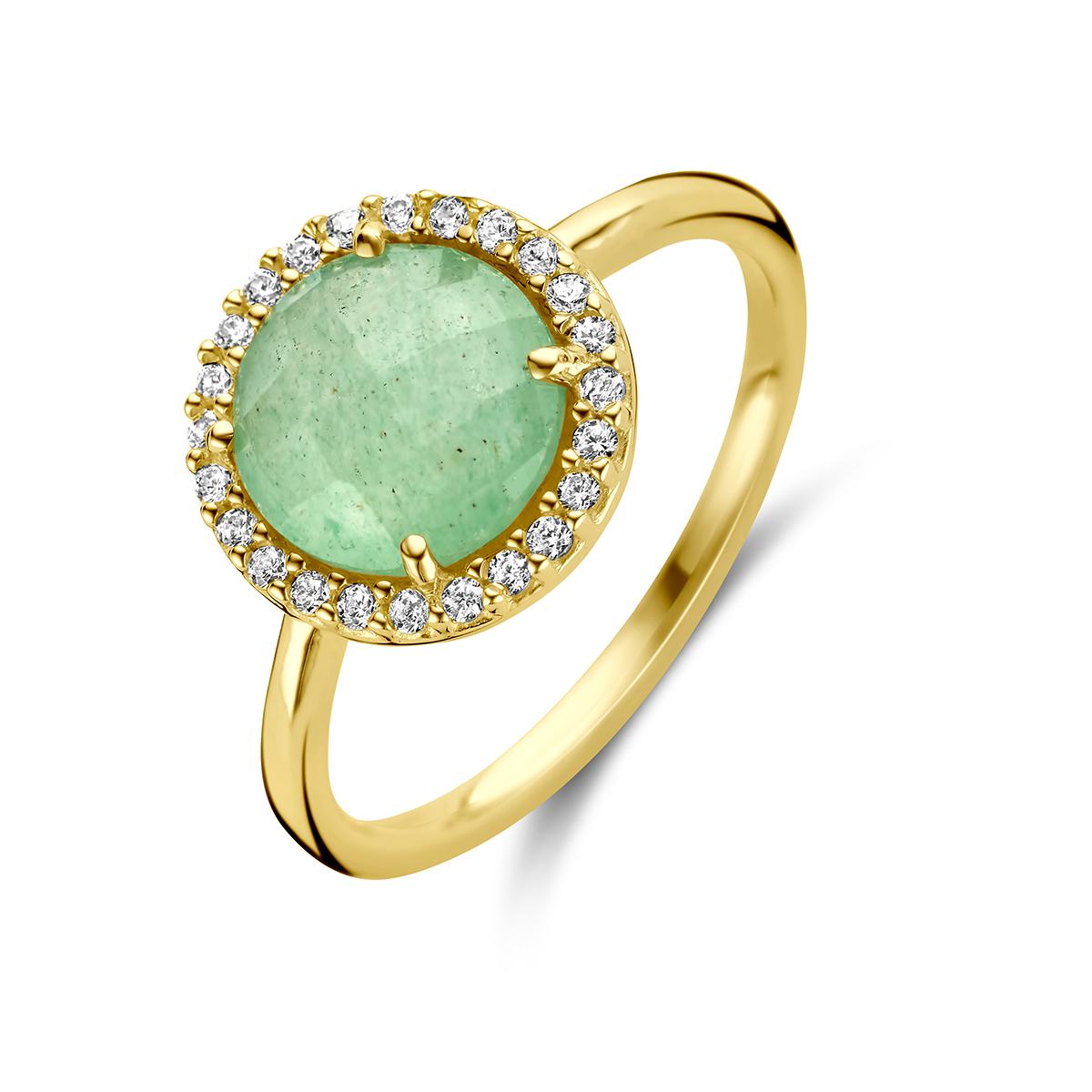 14k Geelgouden ring uitgevoerd met groen agaat en zirkonia. De ring heeft een breedte van 11mm.