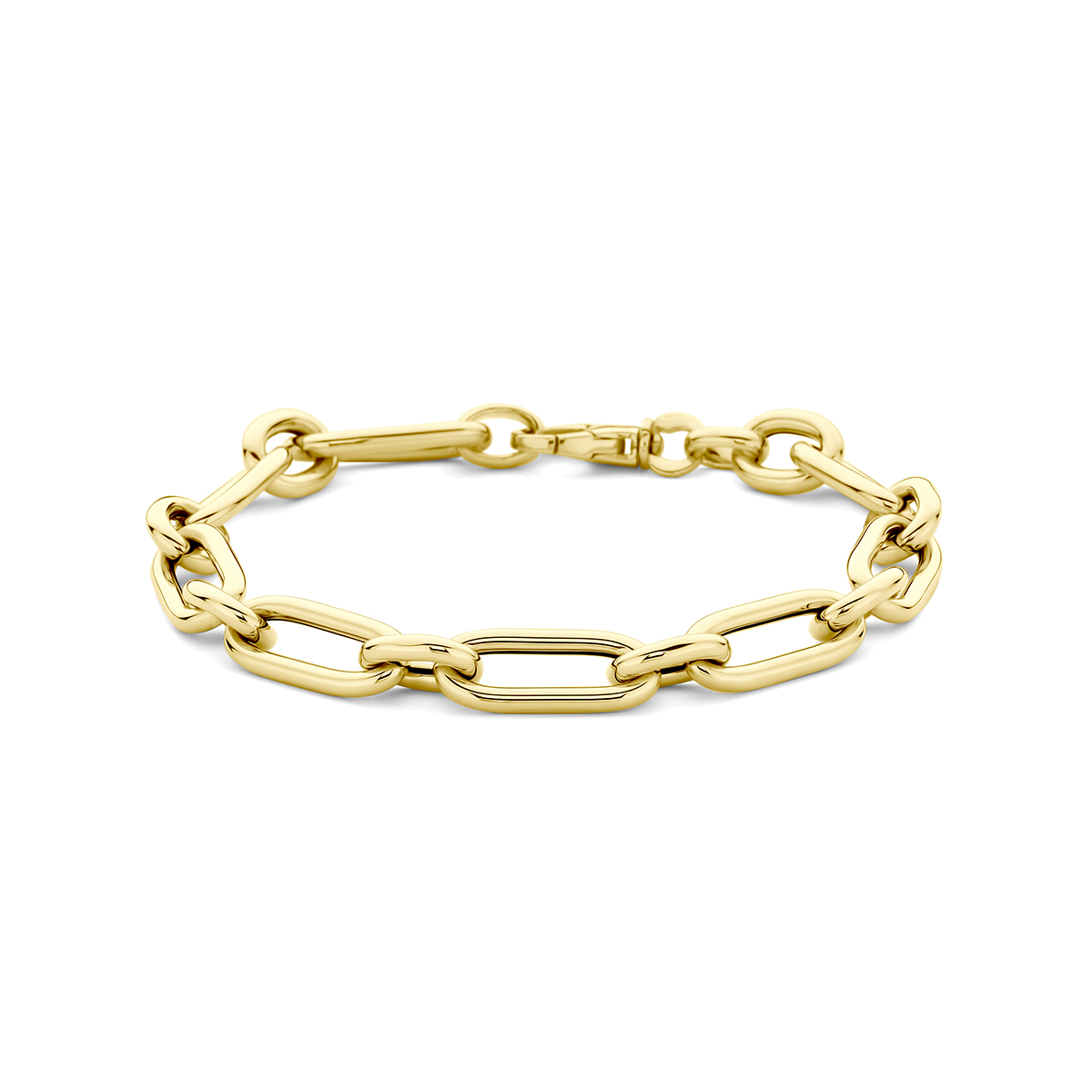 14k Geelgouden armband met een draaglengte van 19.5cm. De schakelbreedte is 7.8mm. Uitgevoerd met een karabijn sluiting.