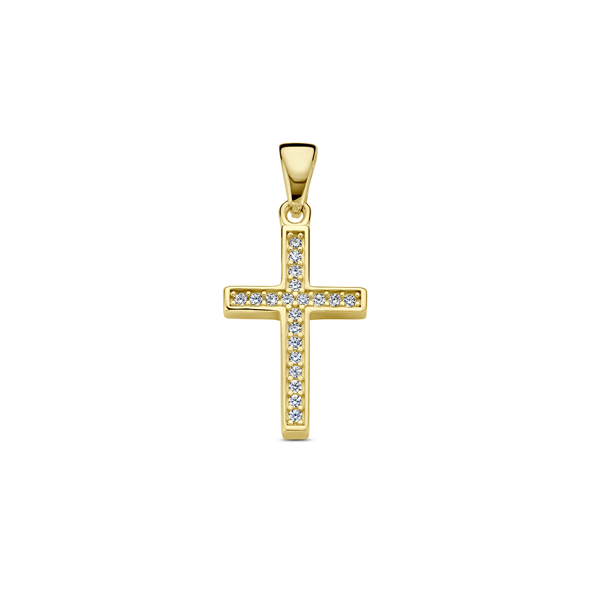 14k Geelgouden hanger in de vorm van een kruis. Het kruis heeft een afmeting van 18x12mm.
