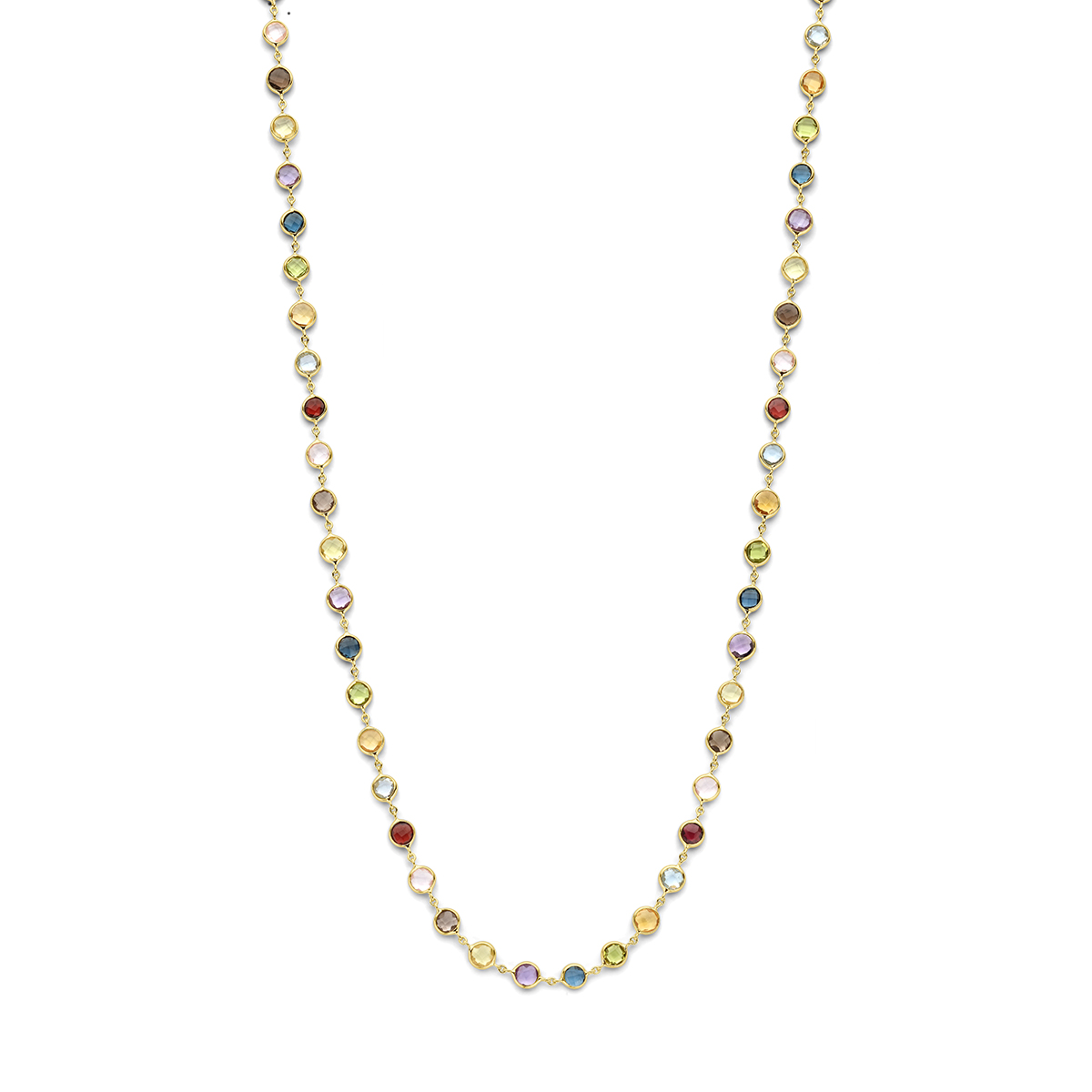14k Geelgouden collier met verschillende kleurstenen zoals: peridot, London blue topaas, amethist, lemon kwarts, rookkwarts, rozenkwarts, granaat, blauw topaas en citrien. Het collier heeft een draaglengte van 42cm en een extensie van 4cm. Uitgevoerd met een karabijn sluiting.