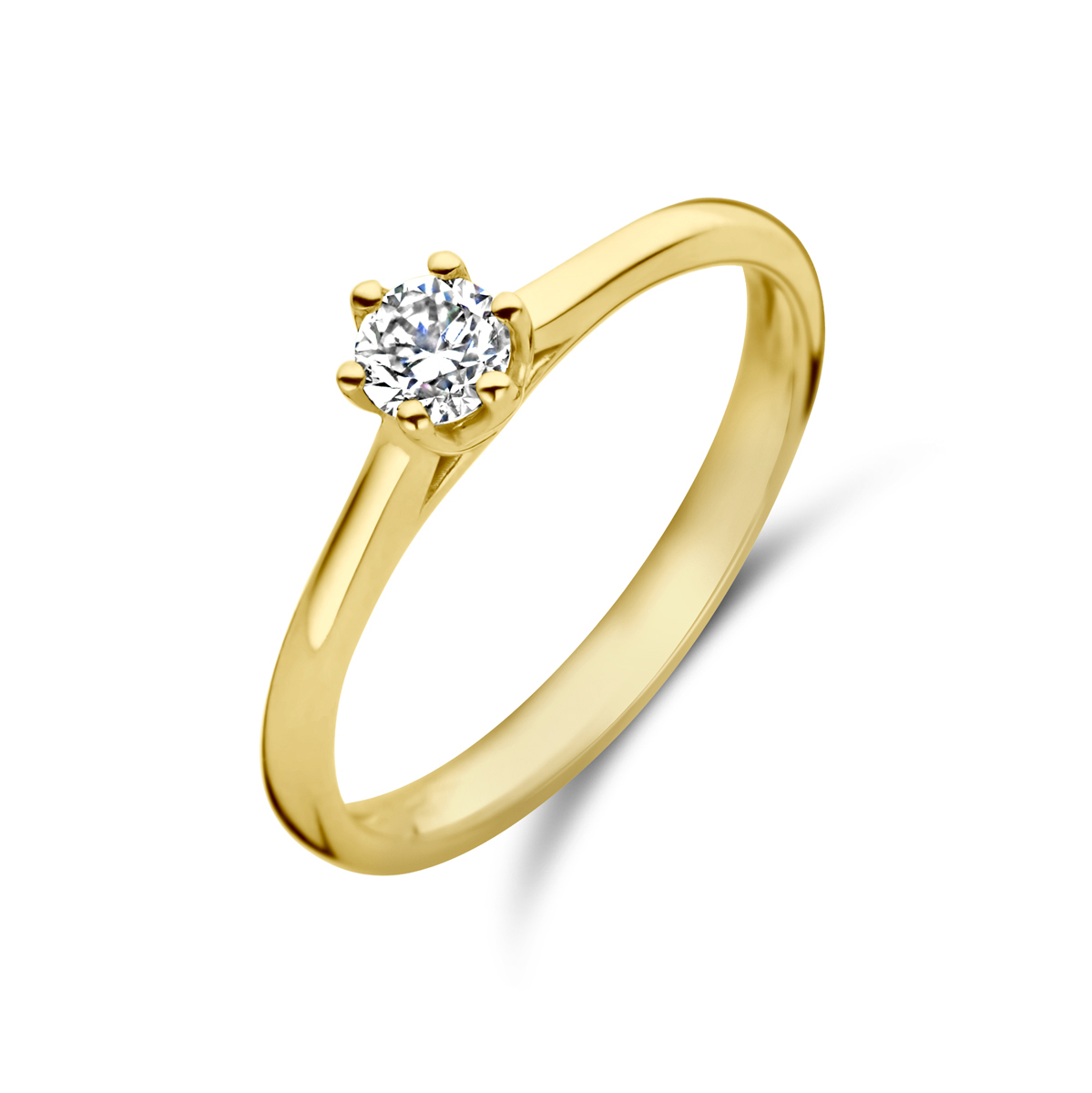 14k Geelgouden ring uitgevoerd met diamant. De ring heeft een breedte van 5mm.