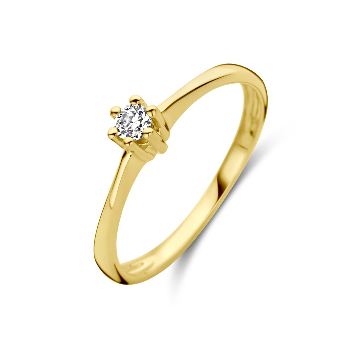 14k Geelgouden ring uitgevoerd met diamant. De ring heeft een breedte van 4,2mm.