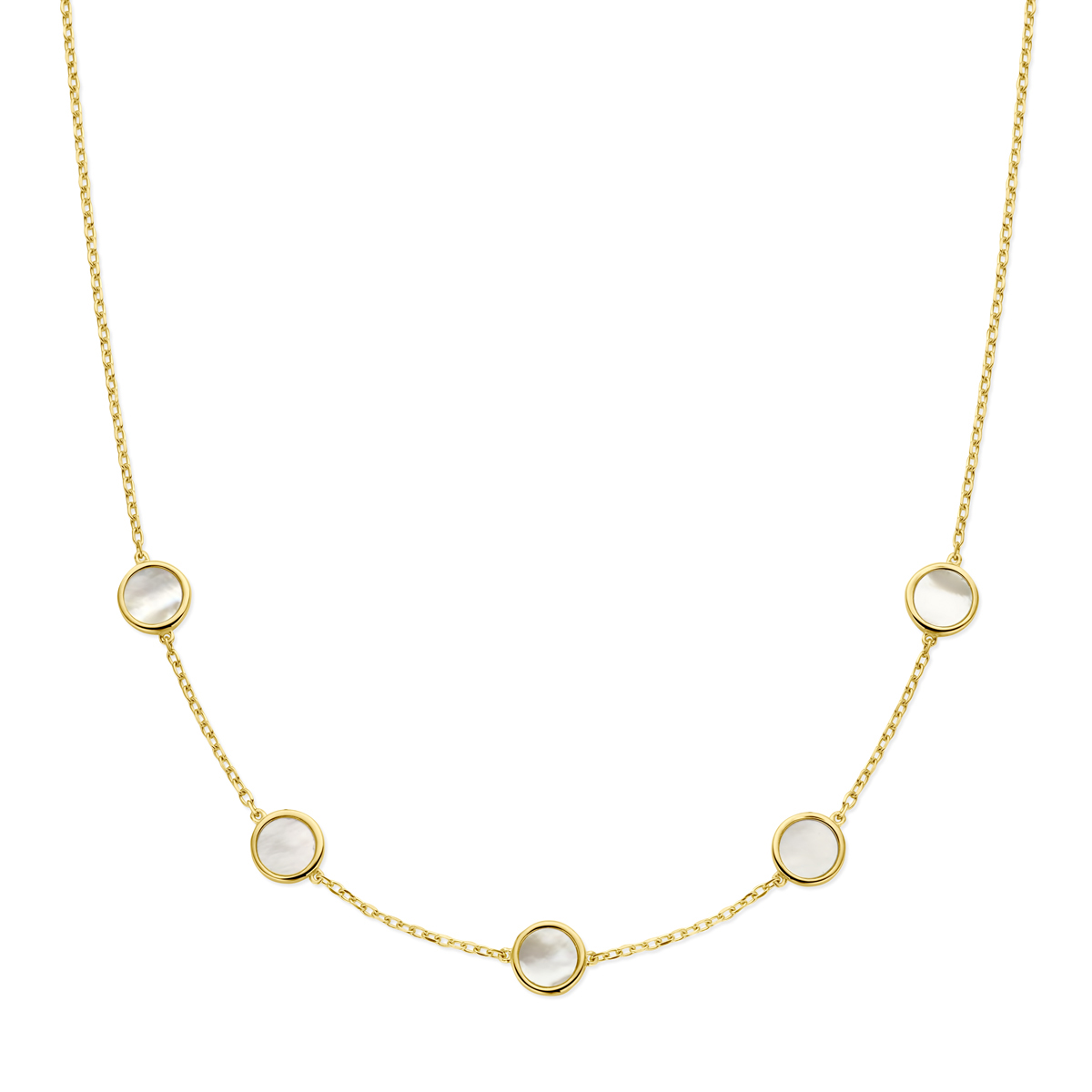 14k Geelgouden collier uitgevoerd met parelmoer. Het collier heeft een schakelbreedte van 1,5mm, een draaglengte van 43cm en een extensie van 2cm. Uitgevoerd met karabijnslot.&nbsp;