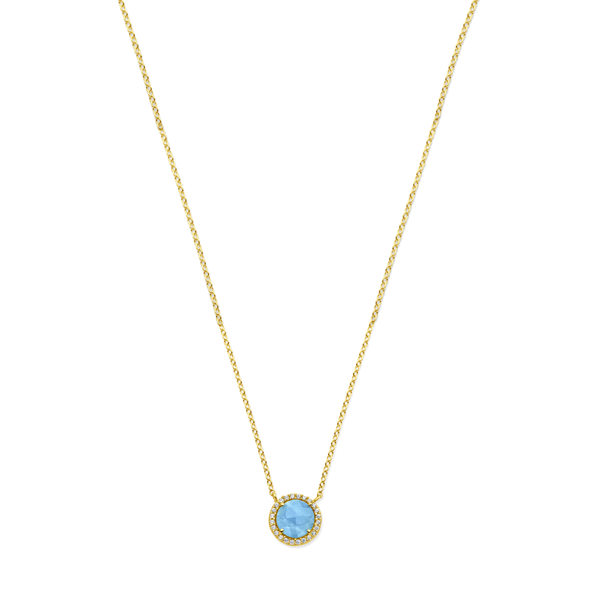 14k Geelgouden collier uitgevoerd met aquamarijn en zirkonia. Het collier heeft draaglengtes van 43 en 45cm. De hanger heeft een diameter van 11.5mm. De schakelbreedte is 1.3mm. Uitgevoerd met een karabijn sluiting.