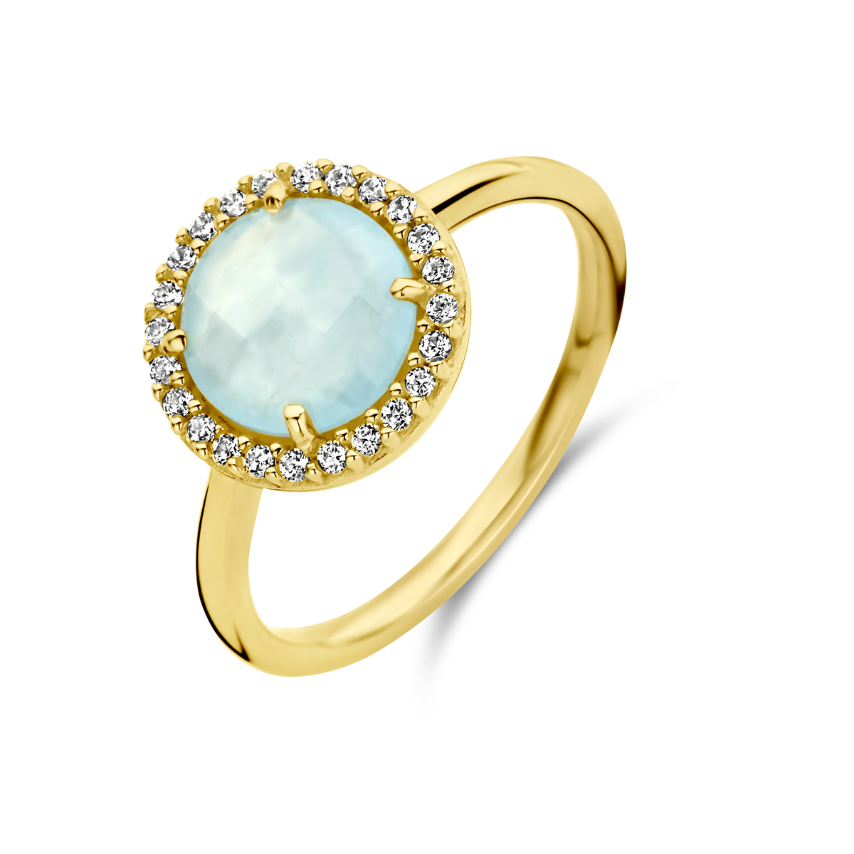 14k Geelgouden ring uitgevoerd met aquamarijn en zirkonia. De ring heeft een breedte van 11mm.&nbsp;
