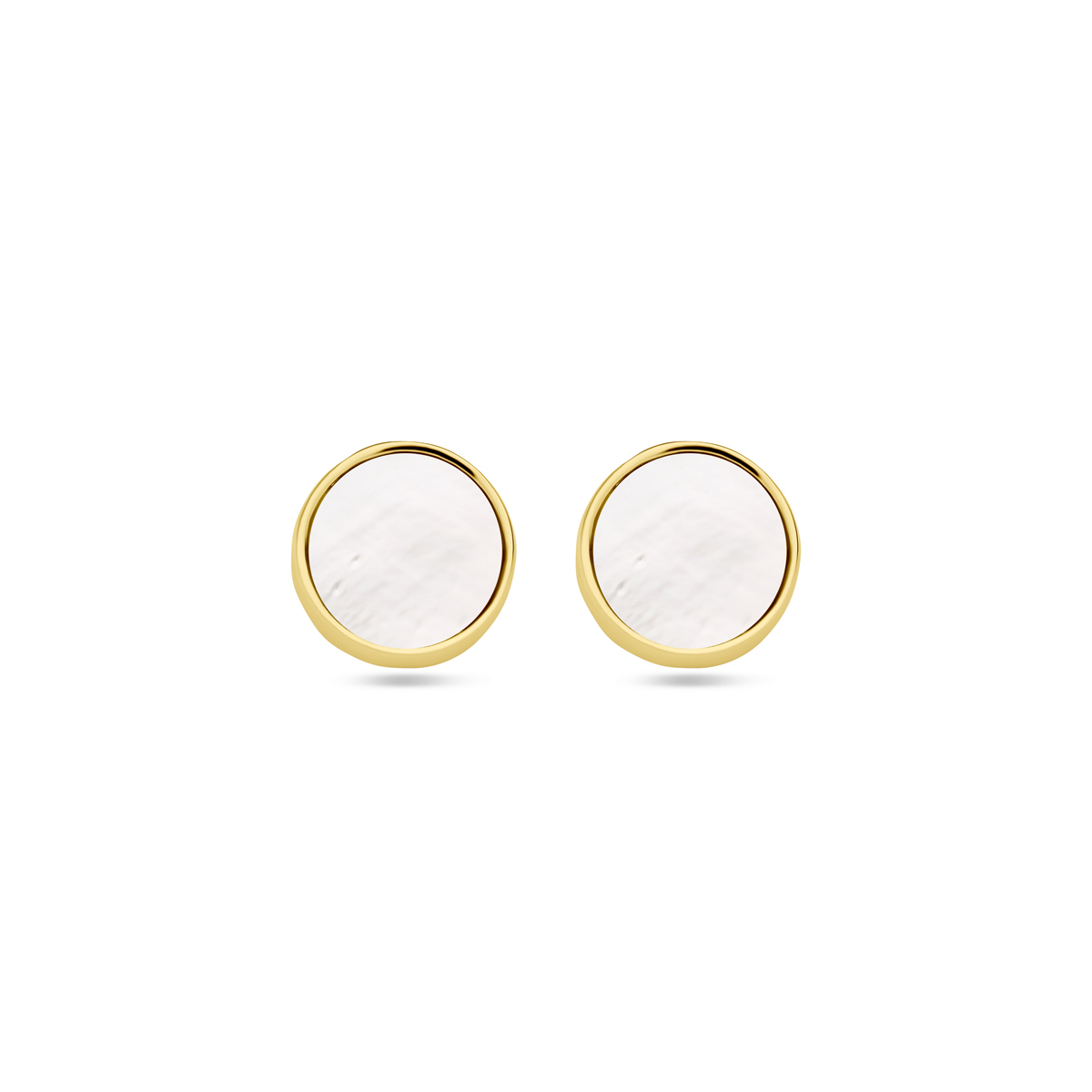 14k Geelgouden ronde oorknoppen uitgevoerd met parelmoer. De oorknoppen hebben een diameter van 7 mm.