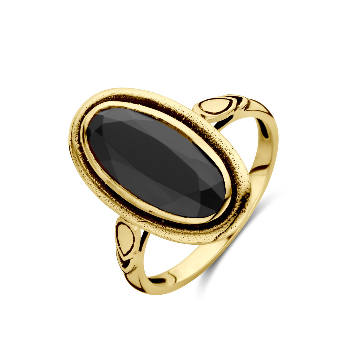 14k Geelgouden vintage ring uitgevoerd met onyx. De ring heeft een afmeting van 18.5x11mm.