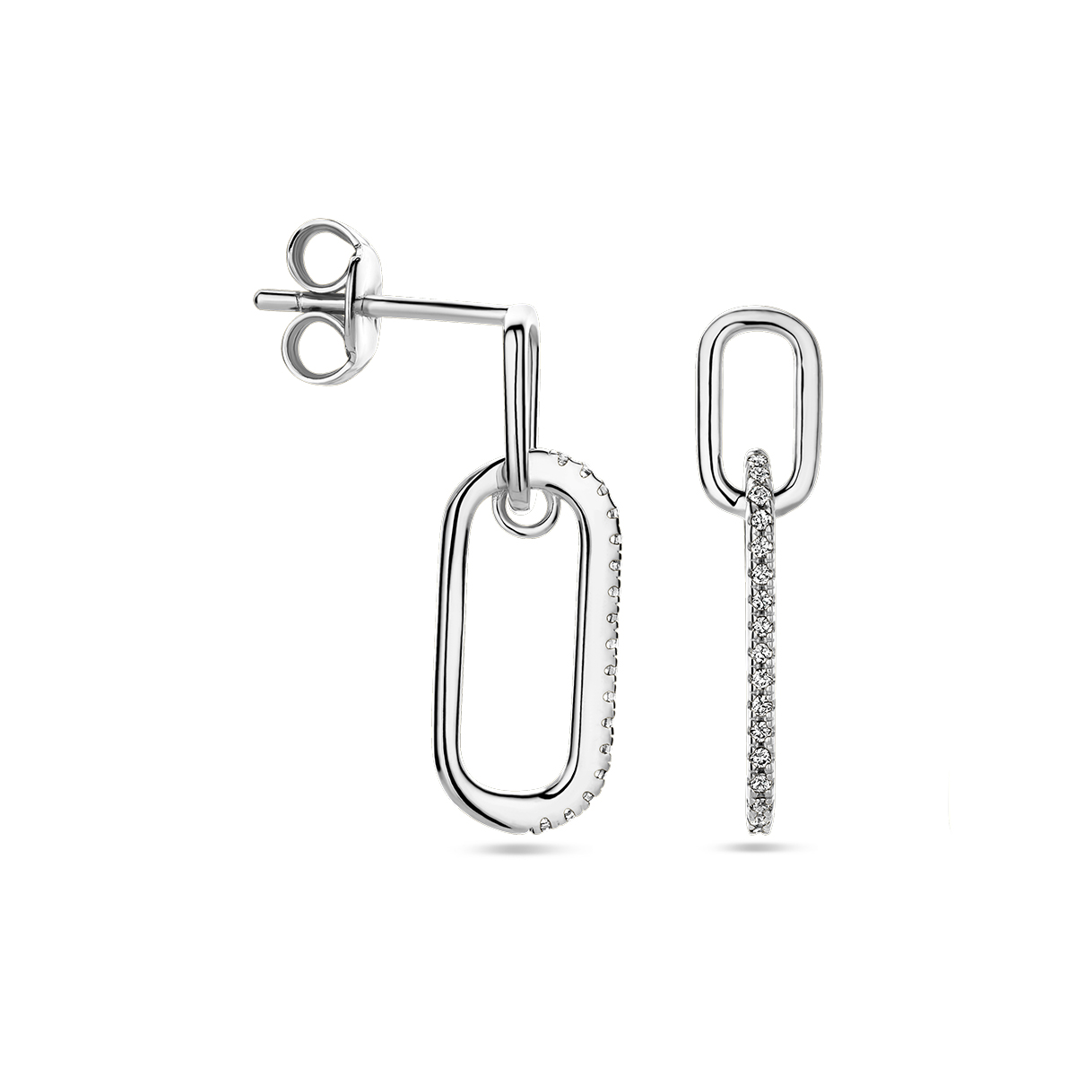 Gerhodineerd 925 zilveren oorhangers uitgevoerd met zirkonia. De oorhangers hebben een totale hoogte van 20mm.