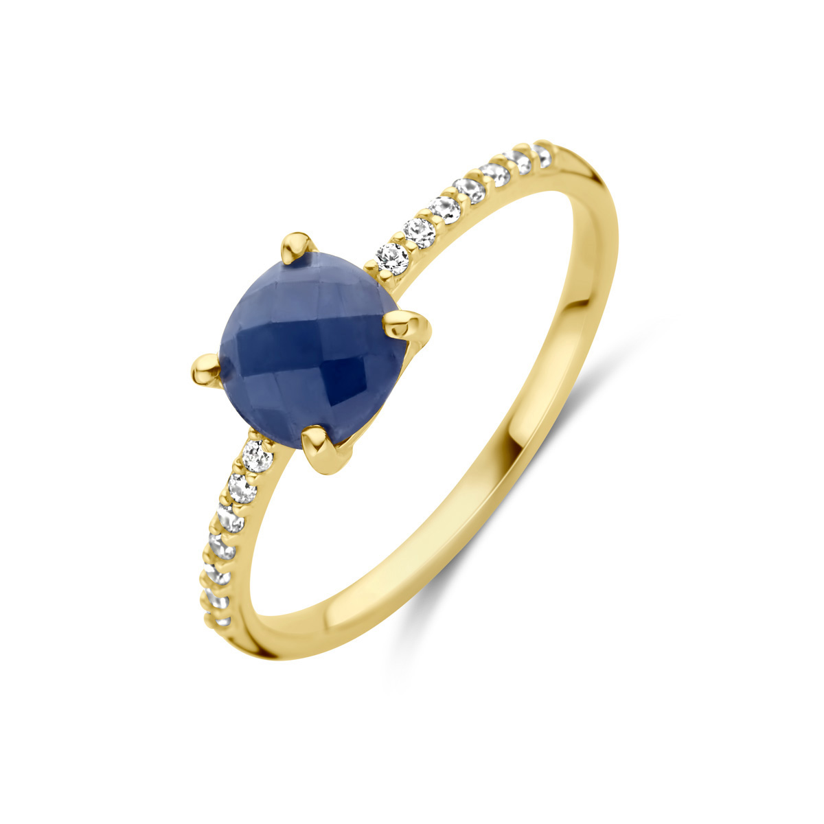 14k Geelgouden ring uitgevoerd met saffier en zirkonia. De saffier heeft een afmeting van 6x6mm.