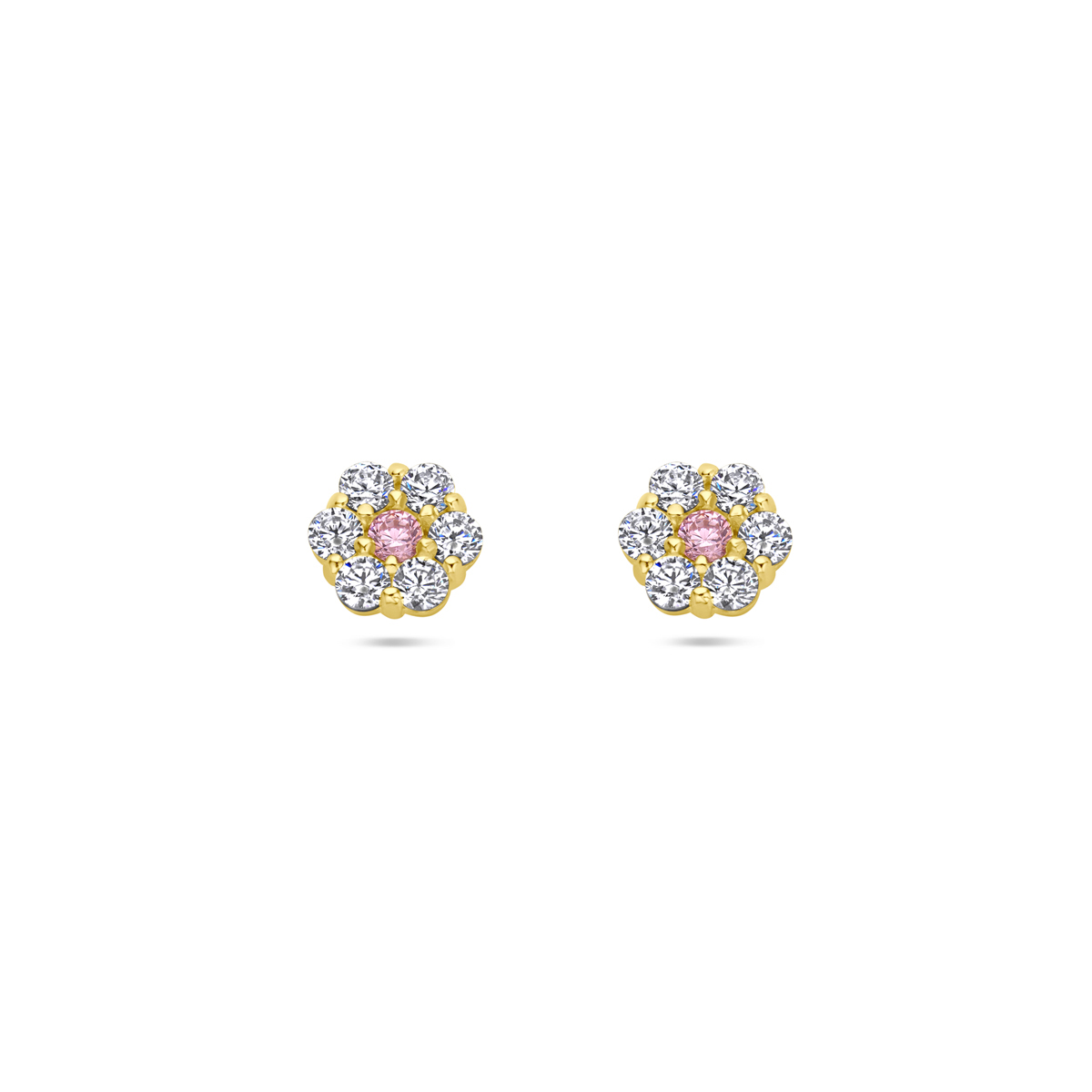 14k Geelgouden oorknoppen uitgevoerd in de vorm van een bloem met roze en wit zirkonia. De oorknoppen hebben een afmeting van 5x5.5mm.