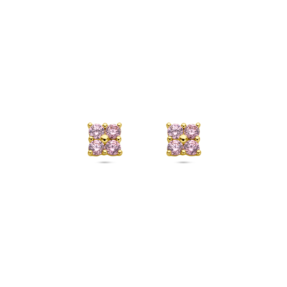 14k Geelgouden oorknoppen uitgevoerd met roze zirkonia. De oorknoppen hebben een afmeting van 4.5x4.5mm.