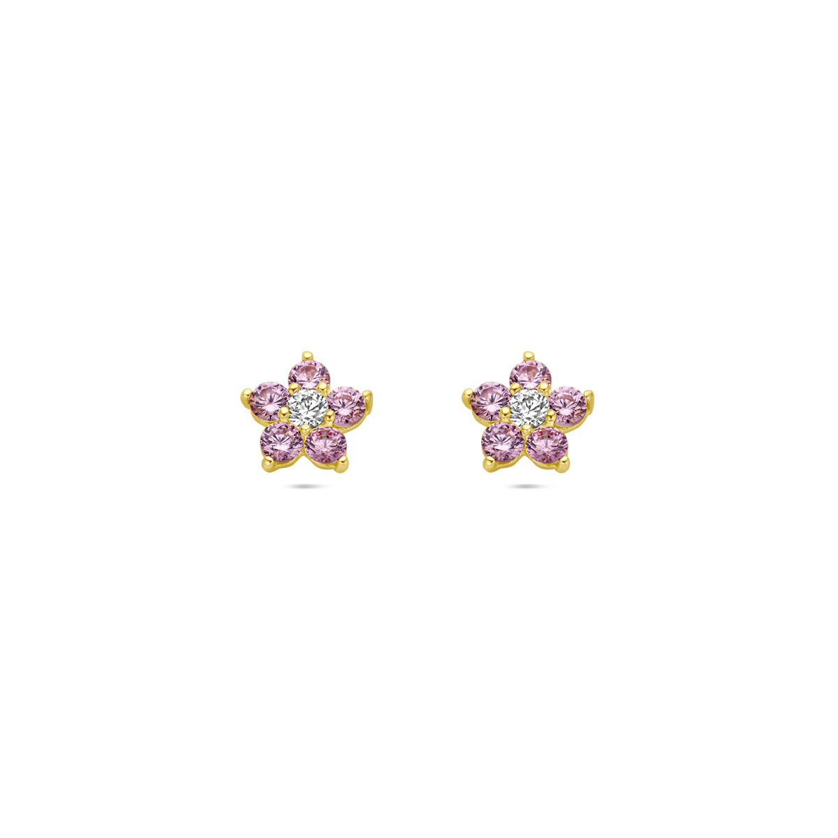 14k Geelgouden oorknoppen uitgevoerd in de vorm van een bloem met roze en wit zirkonia. De oorknoppen hebben een afmeting van 6x6.5mm.