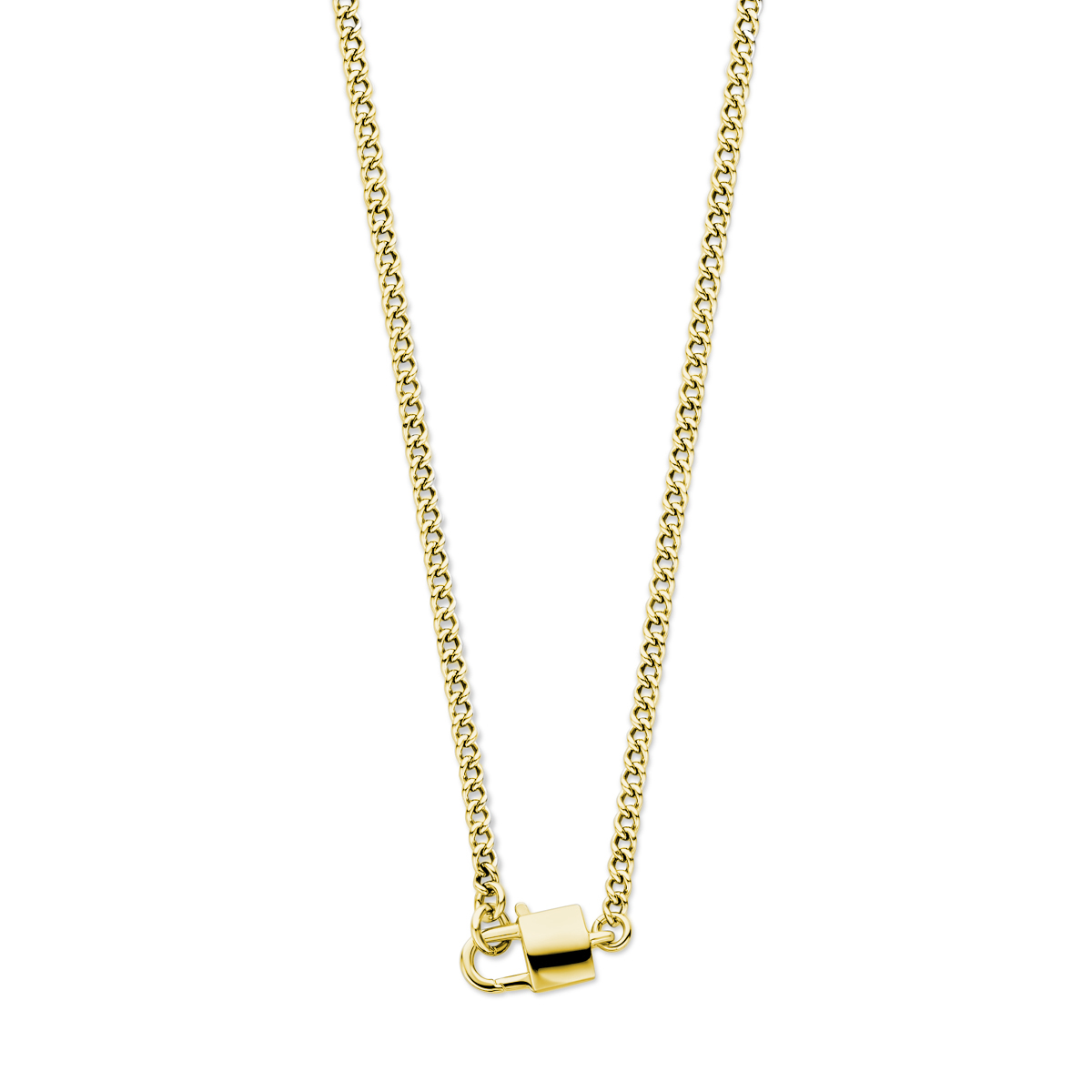 Geelgoud op 925 zilveren collier uitgevoerd met een slot. Het collier heeft een draaglengte van 45cm en een schakelbreedte van 3mm.